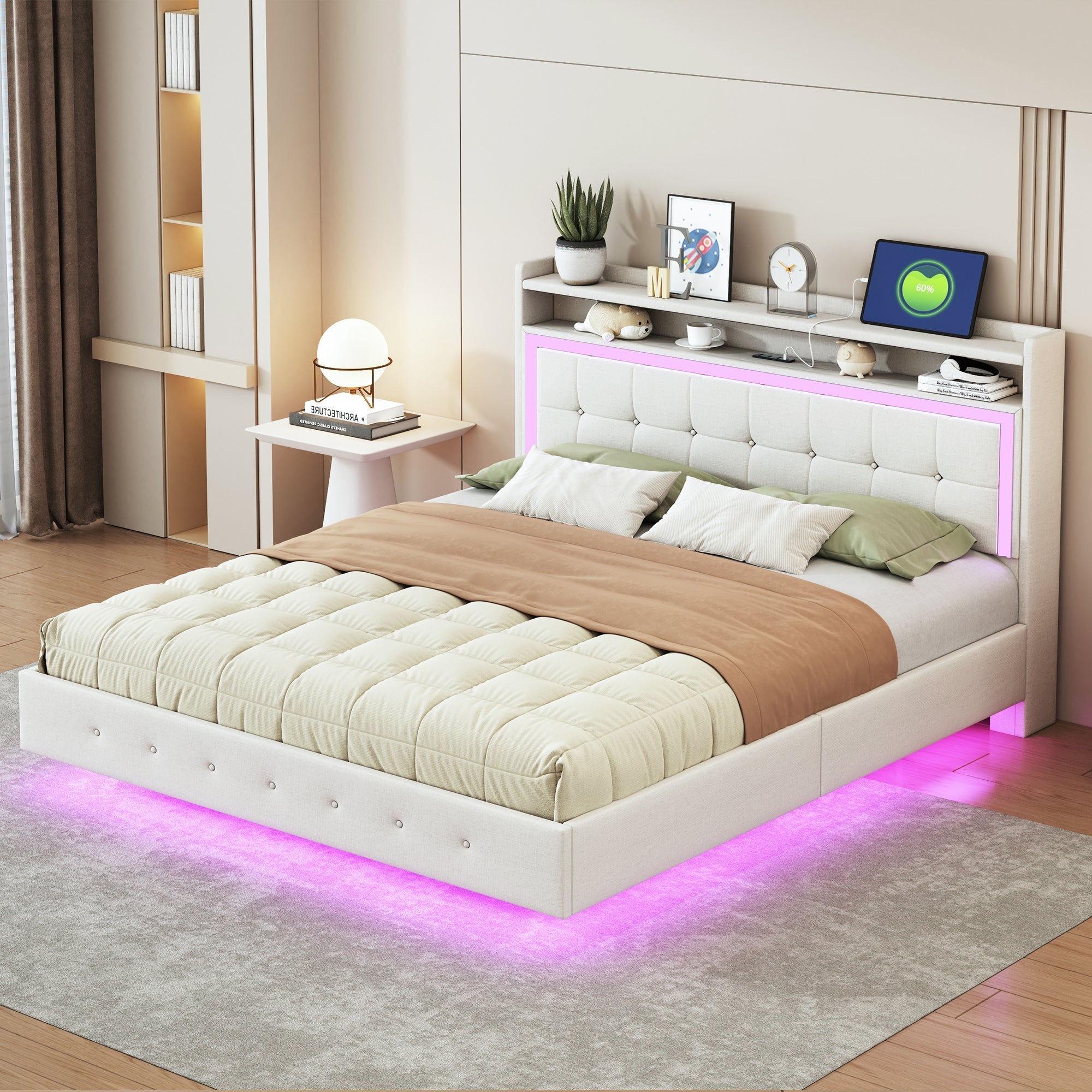 Upholstered Bed 160*200, USB & LED, Double Flat, Linen Fabric Beige