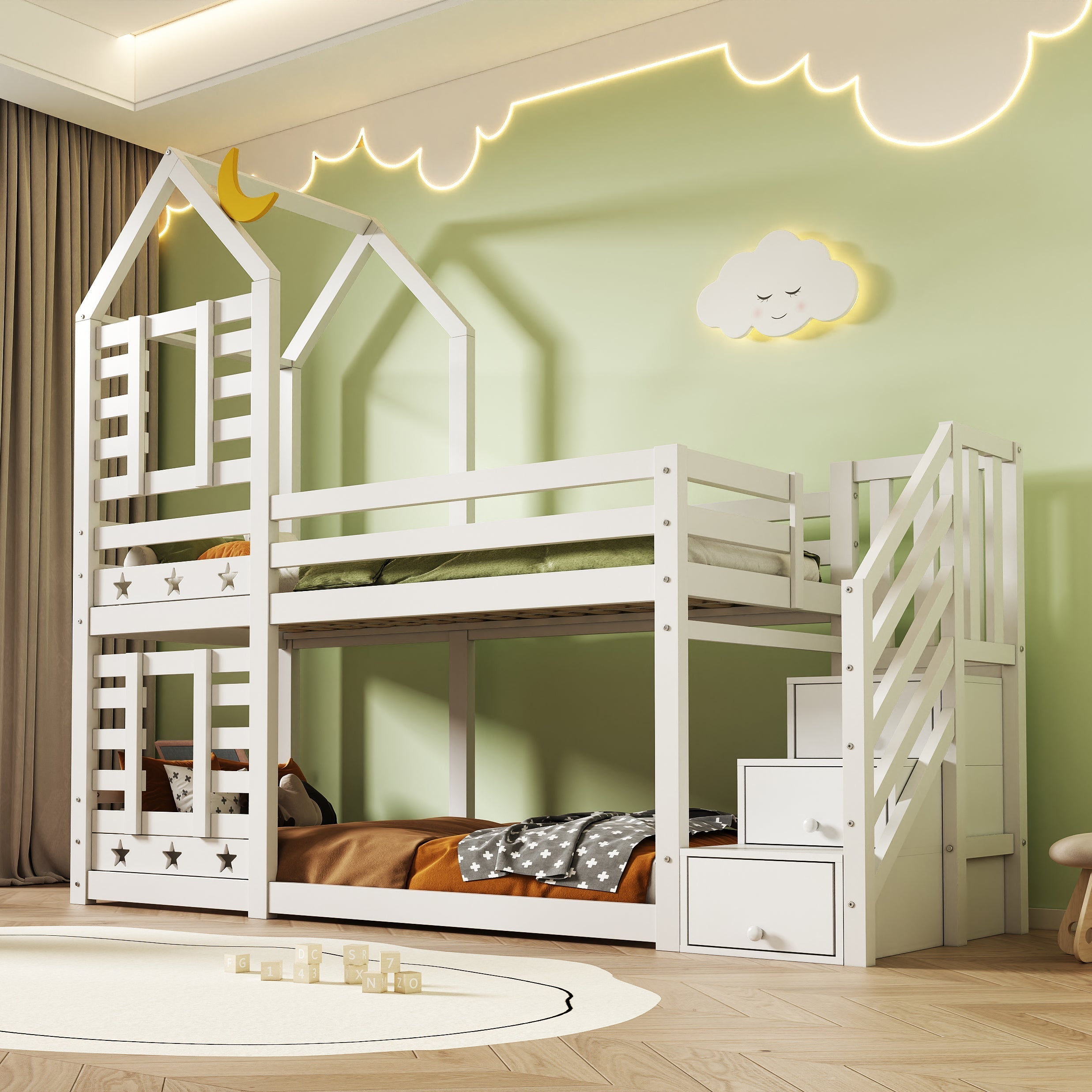 Children's Bed, Tree House Bunk Bed with Drawers & Fall Protection, White