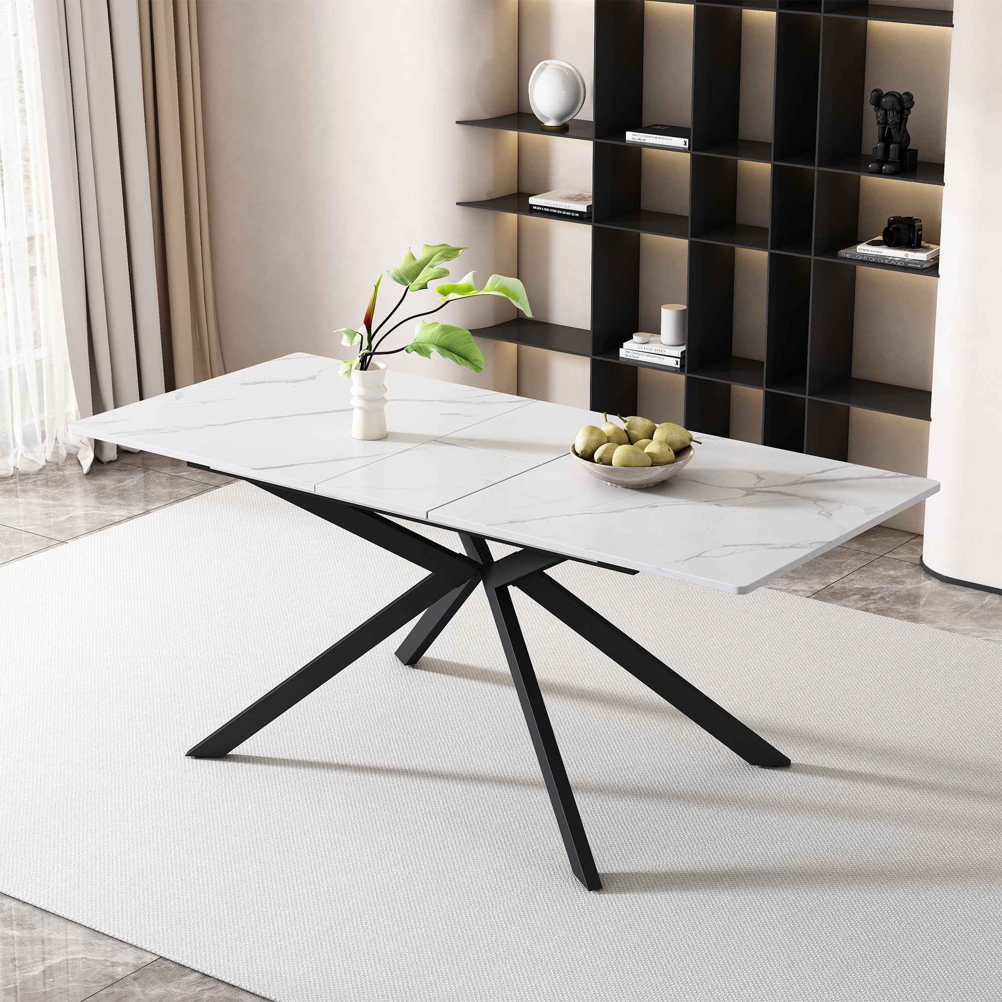 Extendable Dining Table with Automatic Extension and Cross Leg Design, Black and White Marble Look