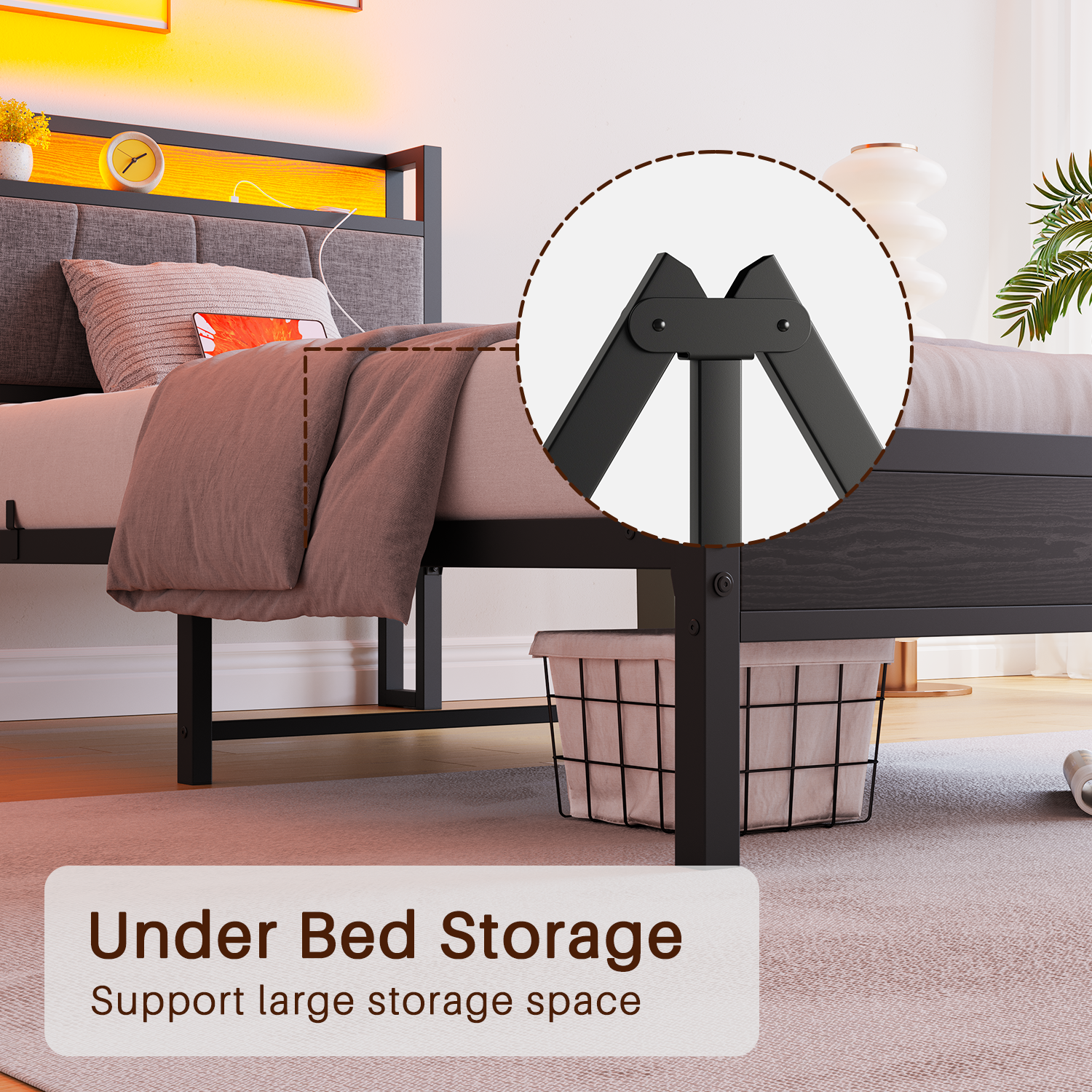 90x200cm Bed Frame Smart LED Lights USB Charging Headboard - Metal