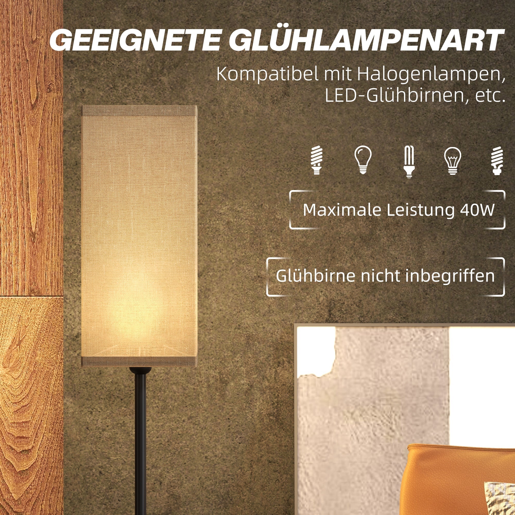 Stehleuchte, Fußschalter, Leinenoptik-Schirm, Schwarz