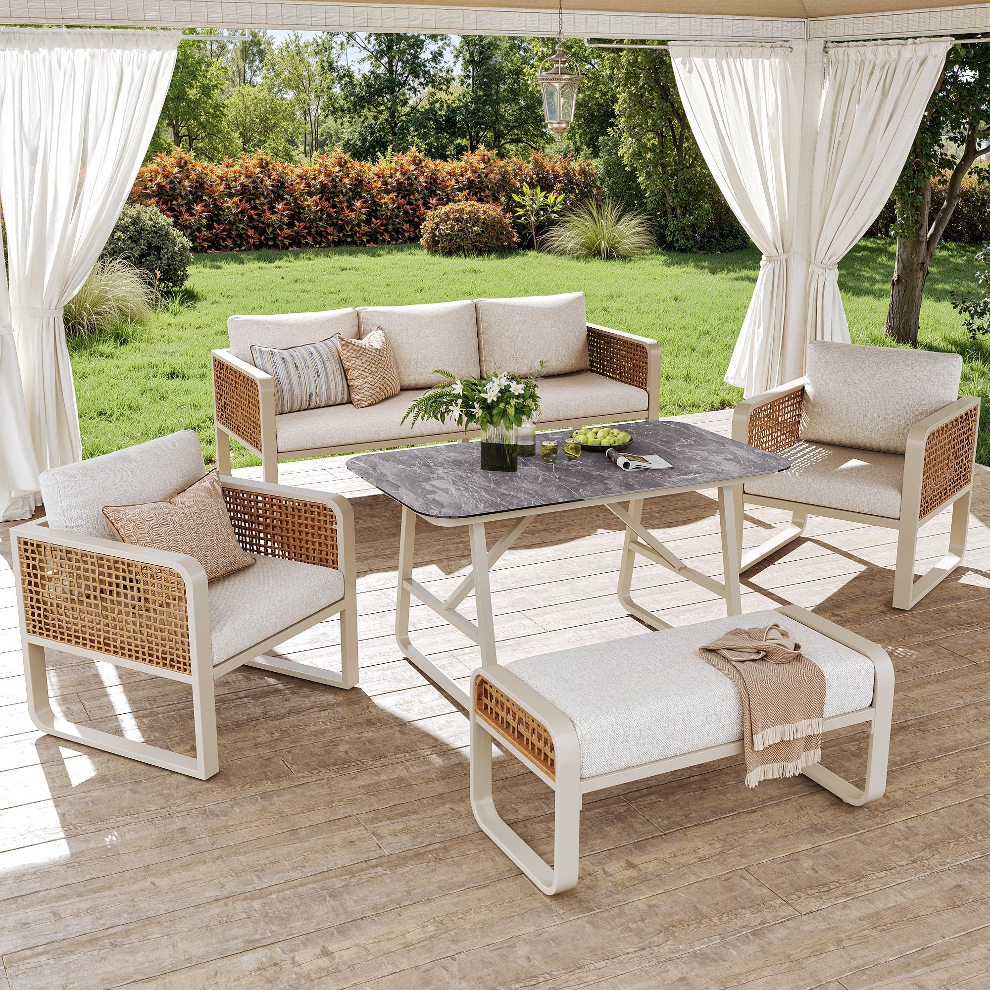 Garden Lounge Set for 6-7 People with Side Table and Washable Cushions, PE Rattan, Beige