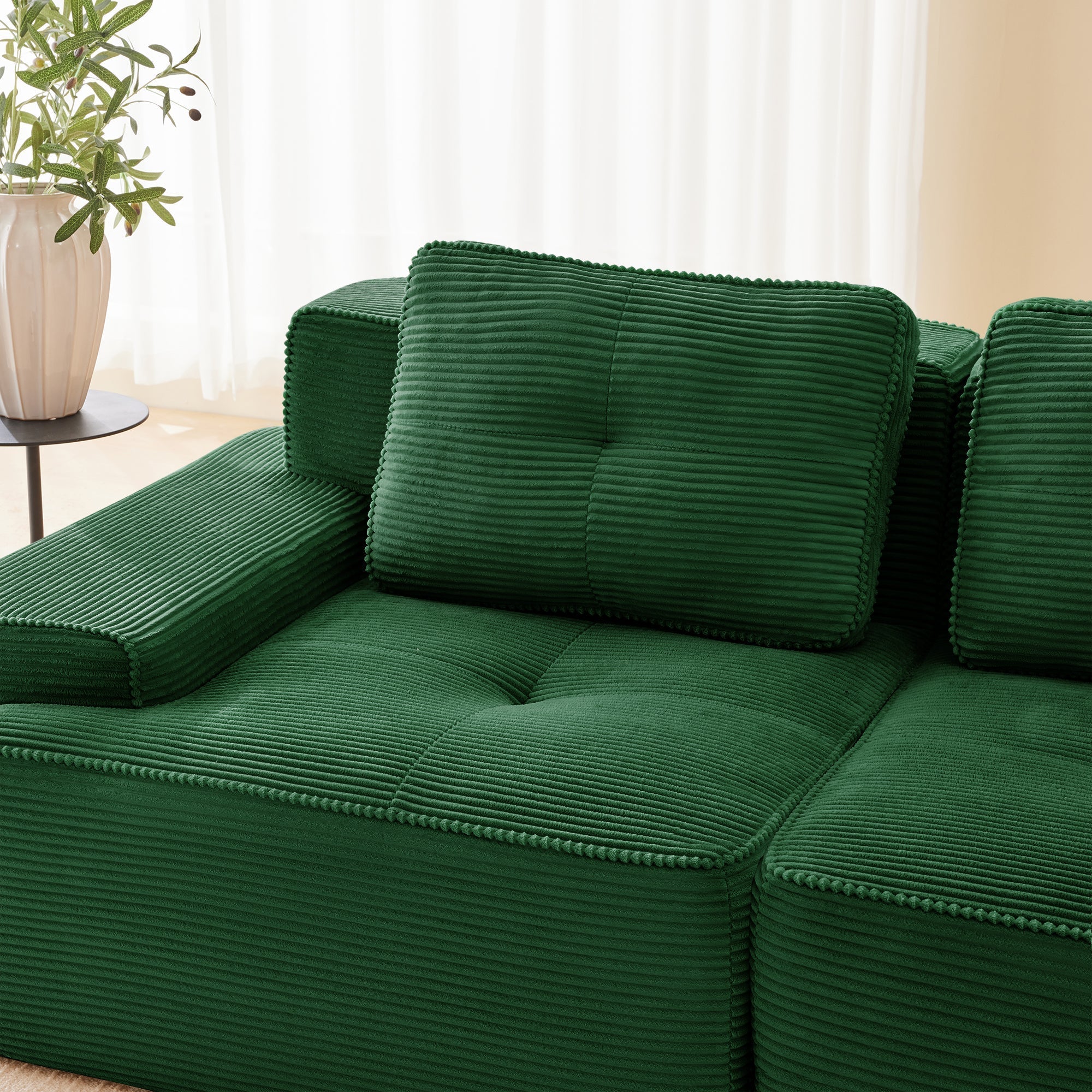 Boneless Sofa Modular L-Shaped Chaise Lounge 4-Seater Deep-Seat - Corduroy Green