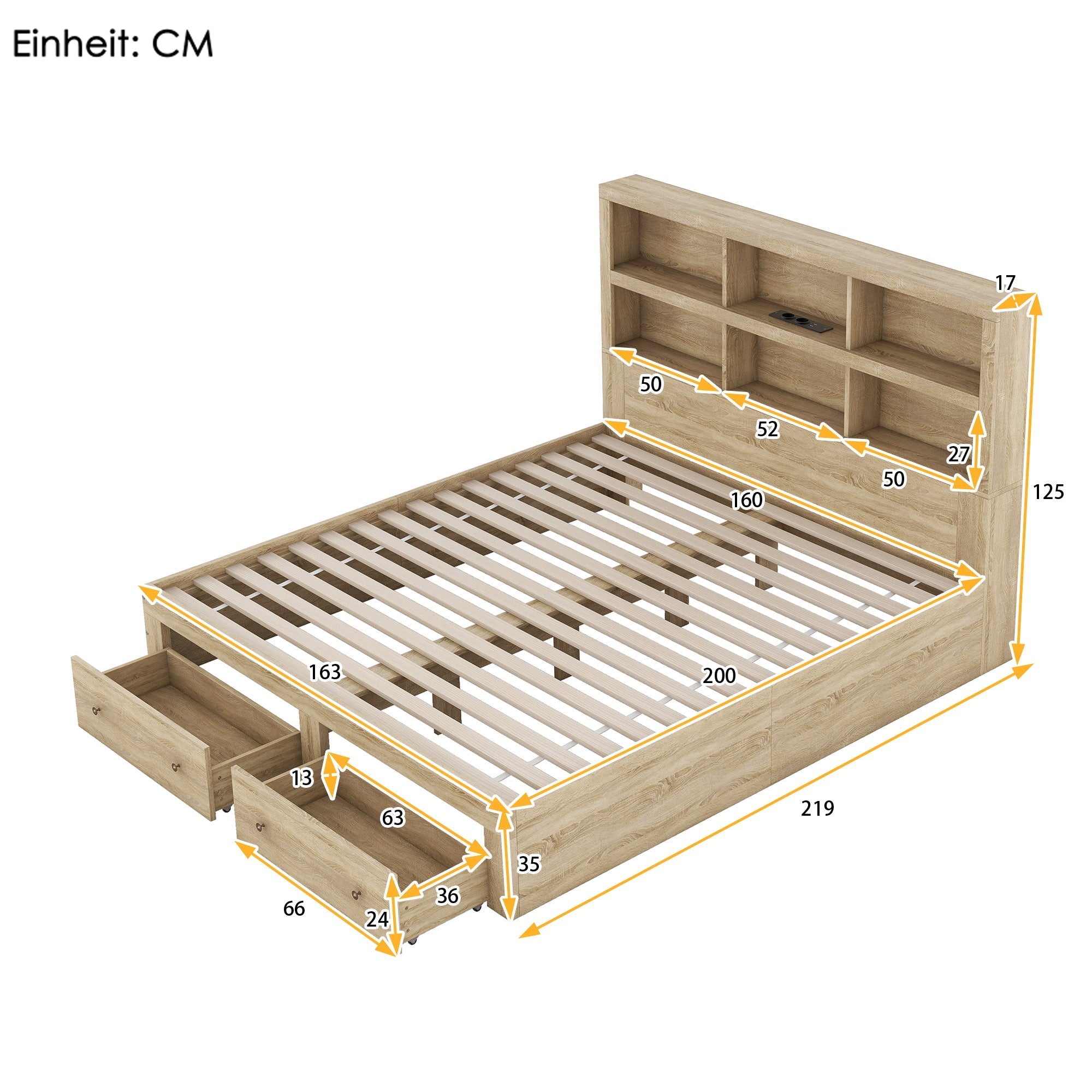 Double Bed 160x200cm King Platform Storage Drawers Headboard Chipboard Natural