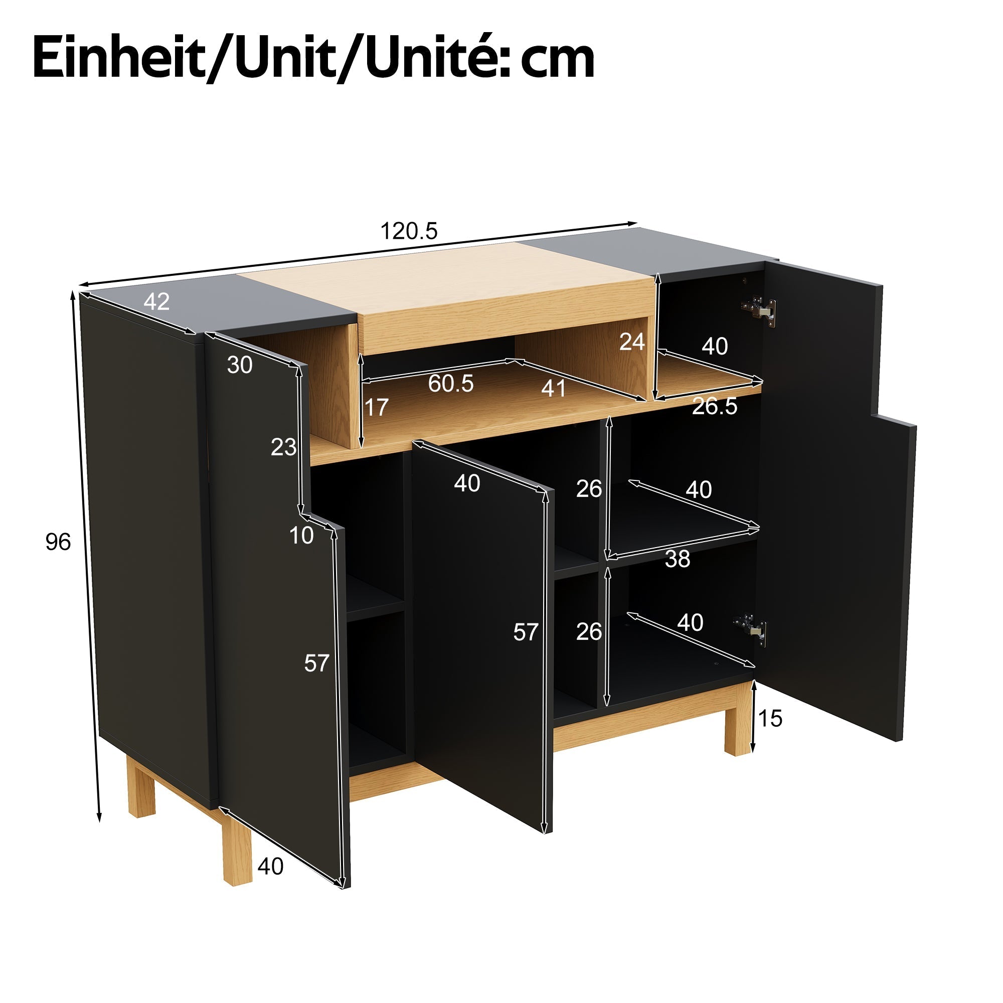 Sideboard with 3 Doors and Open Compartment, Black and Wood Finish