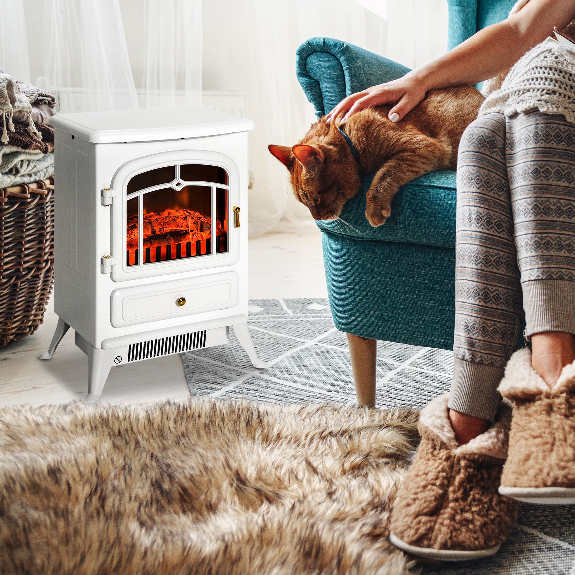 Electric Fireplace, Flame Effect 950/1850W Overheating Protection, White