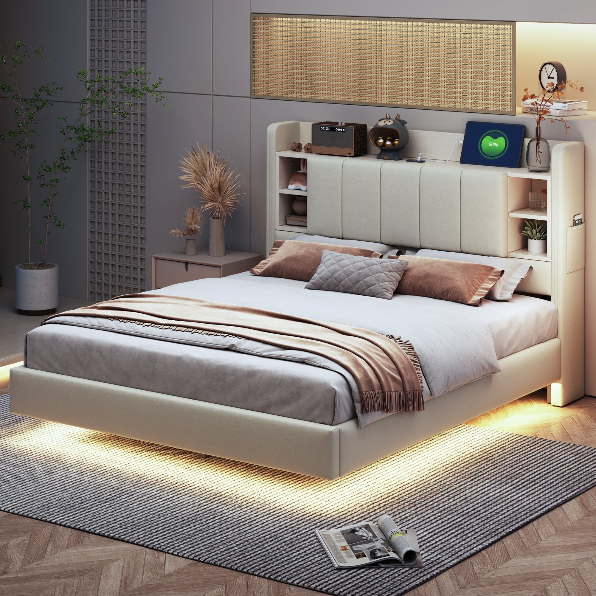 Upholstered Bed 140 x 200 cm, USB, Light Strip, Reversible Headboard, Storage, Metal Frame, Linen Fabric, Beige