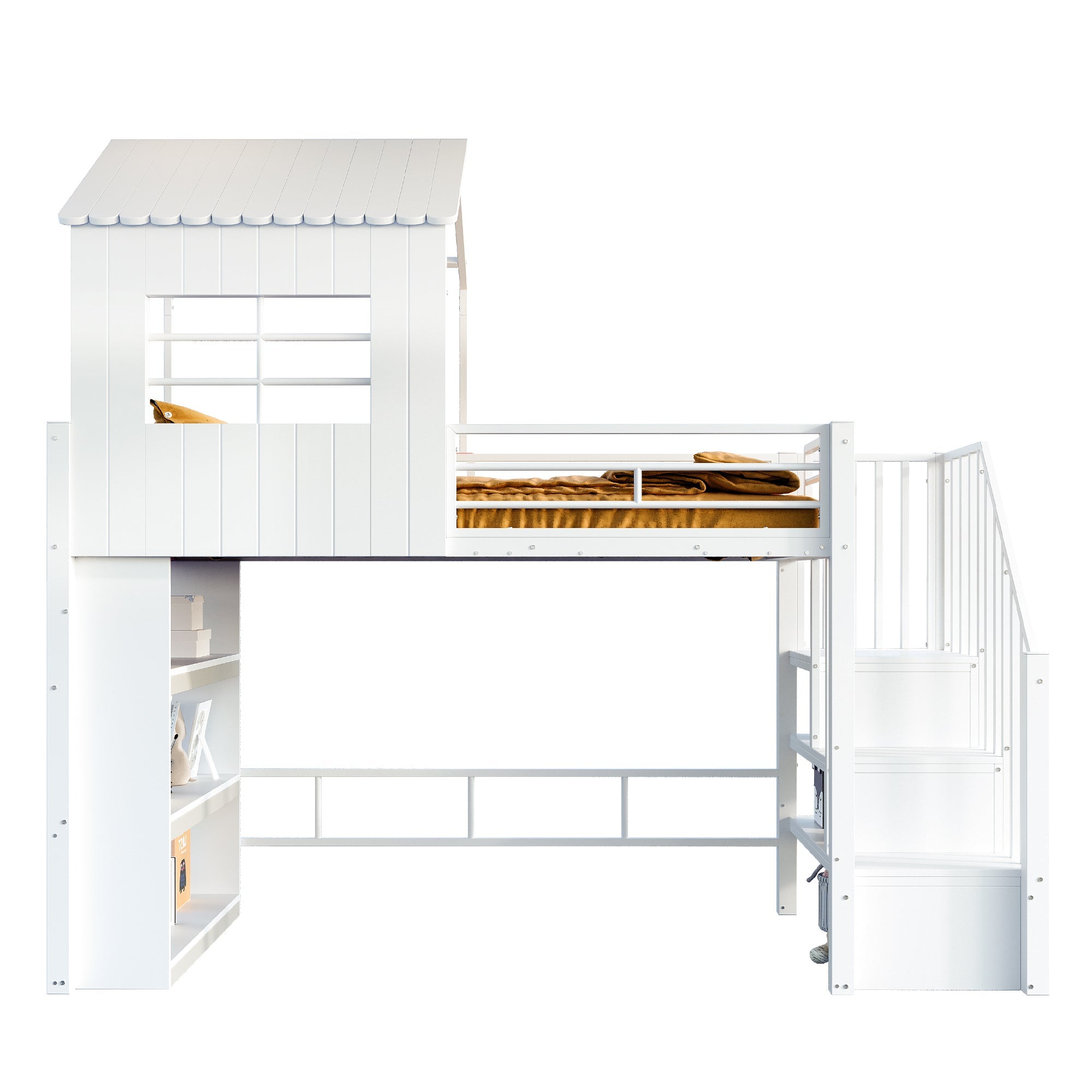 Iron Loft Bed with House Design, Storage Shelf and Safety Stairs, 90x200cm, White