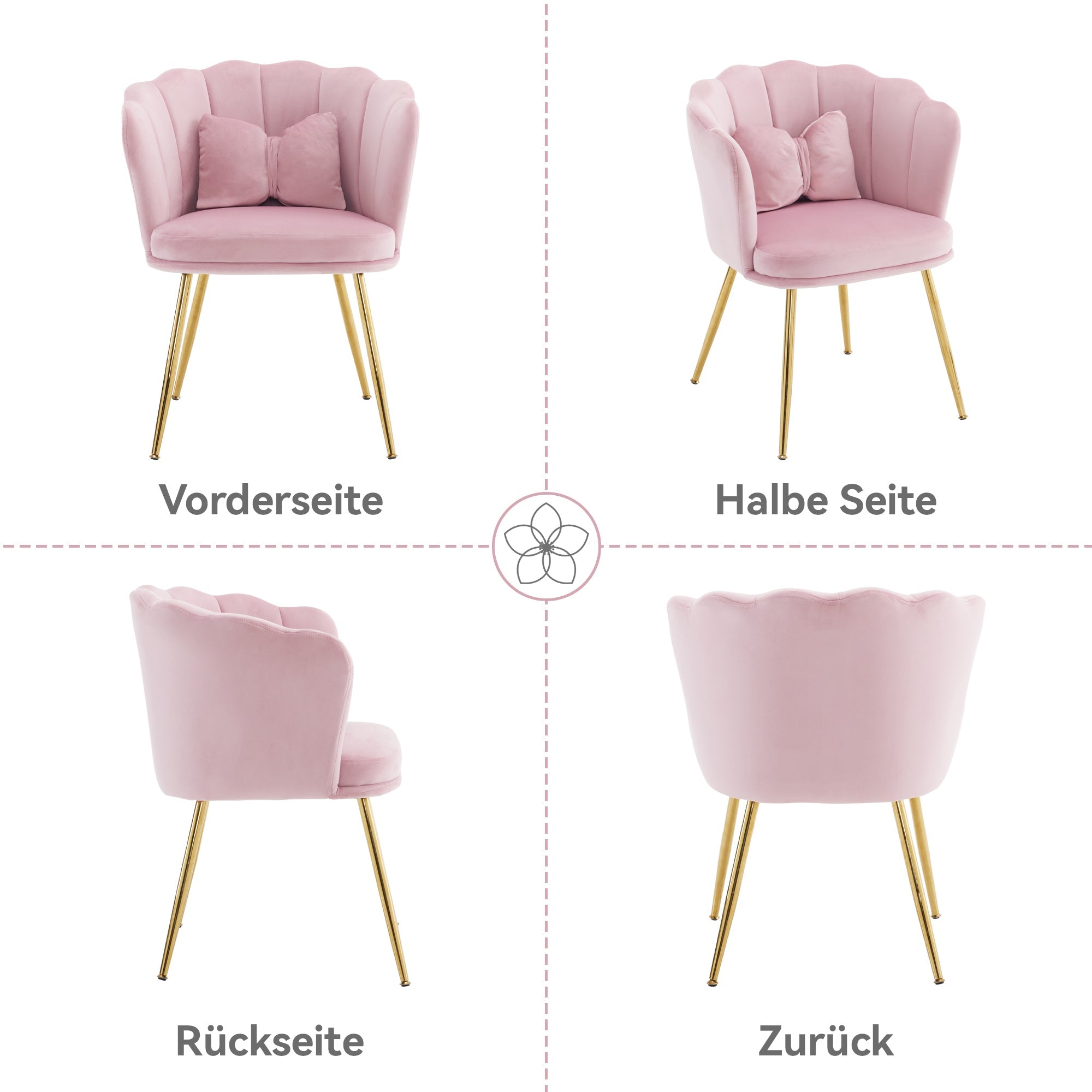 Velvet Chairs, Set of 4 Modern Upholstered with Petal Back & Butterfly Cushion, Gold Metal Legs