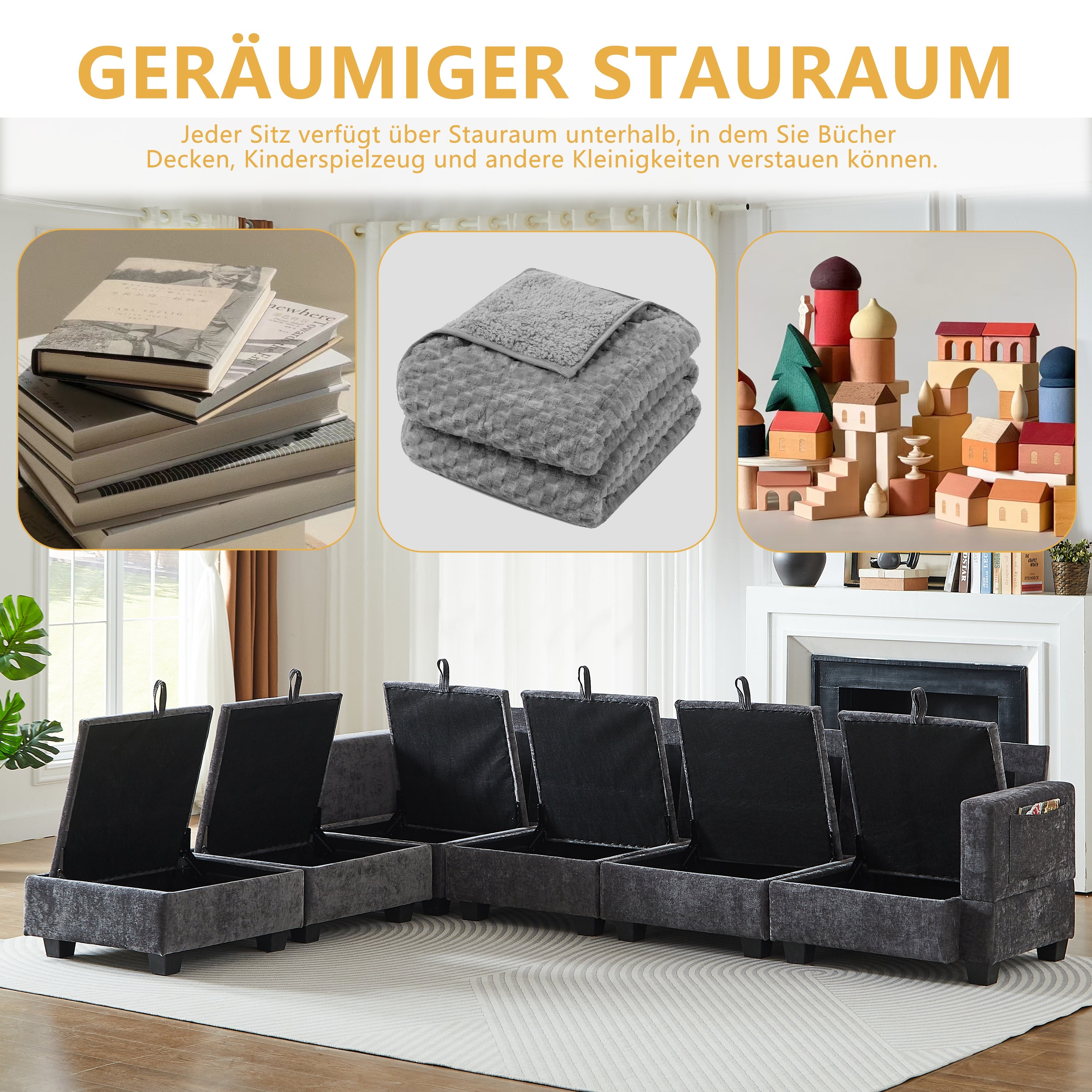 Modular Sofa U-Shaped 6-Seater Chaise Longue Storage Ottoman Chenille