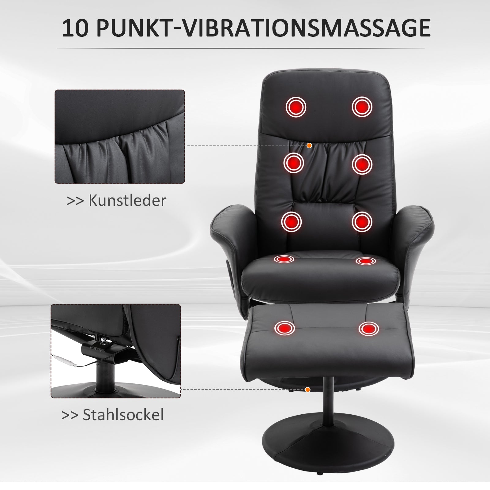 Reclining Massage Armchair TV Chair with Footstool, Storage, 10-Point Vibration, Faux Leather Black