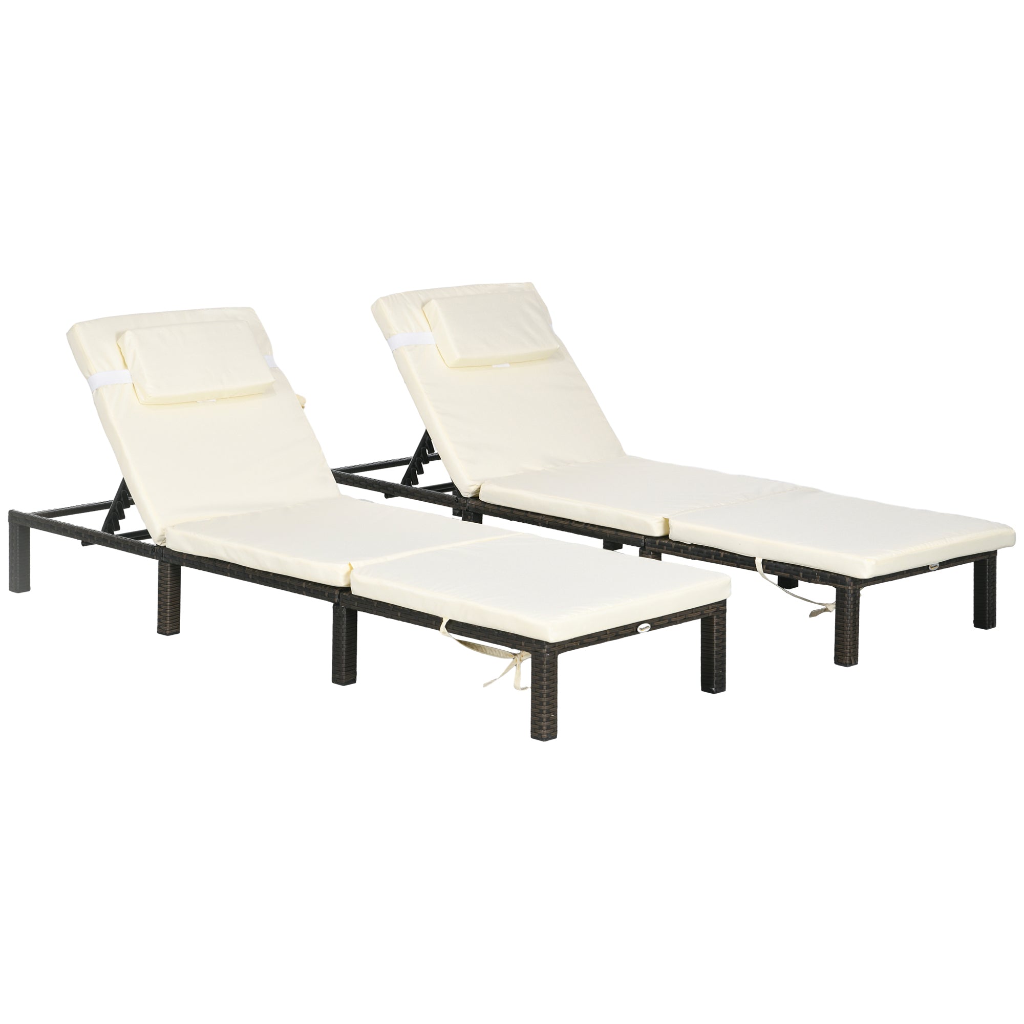 Set of Two Reclining Sun Loungers with Cushions, Rattan, Brown/Cream