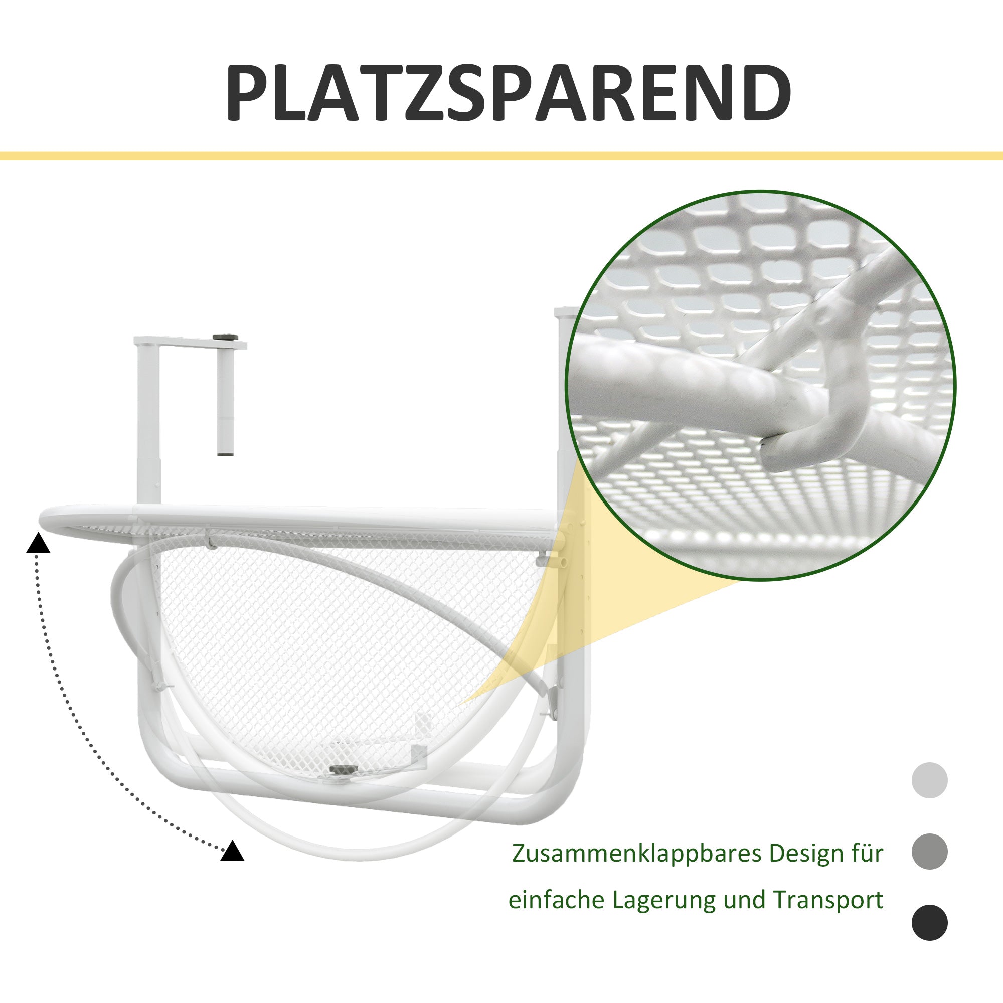 Balcony Hanging Table, Adjustable Semi-Circular Garden Table, Metal White