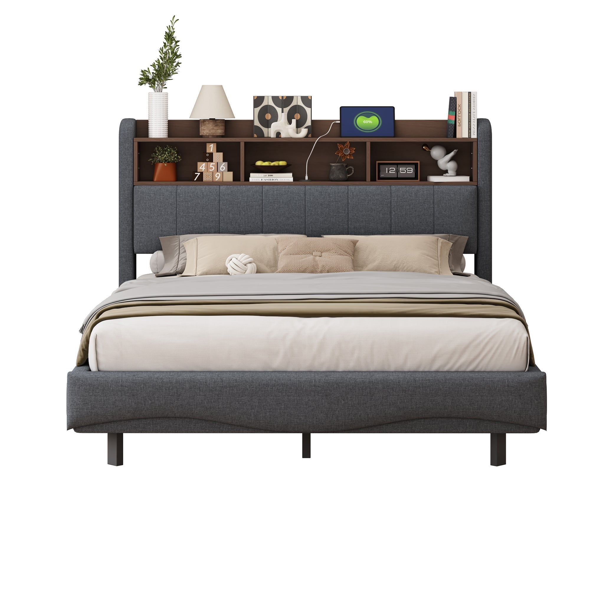 Upholstered Bed with LED Lighting, USB & Type-C Ports, and Headboard Storage, Grey