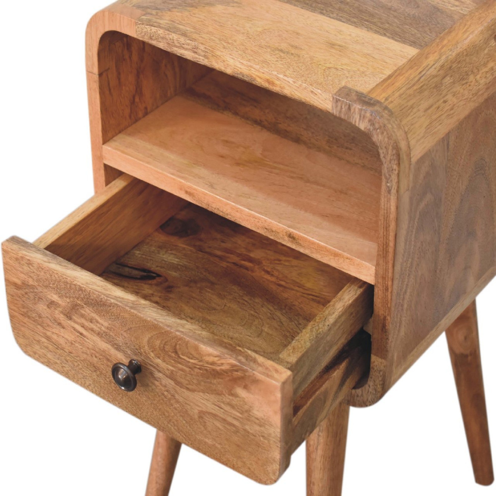 Mini Curve Bedside, 1 Drawer Open Slot, Solid Oak-ish Wood