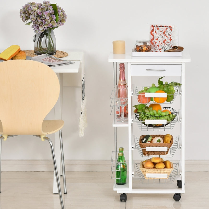 Multi-Use Kitchen Island Trolley, 4 Baskets Drawer Worktop 4 Wheels, White