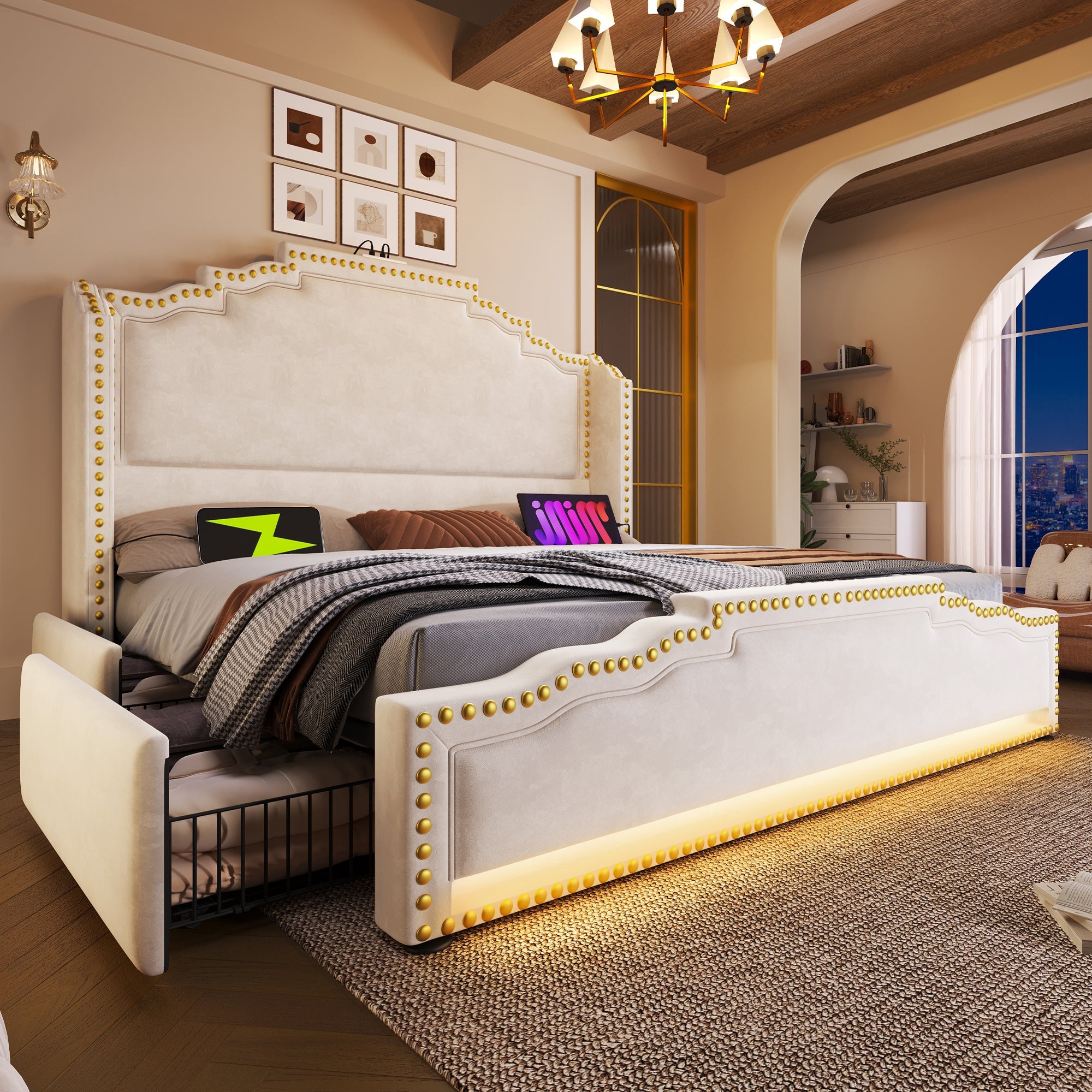 Upholstered Bed 180x200, 4 Drawers, LED, USB-C, Velvet Beige