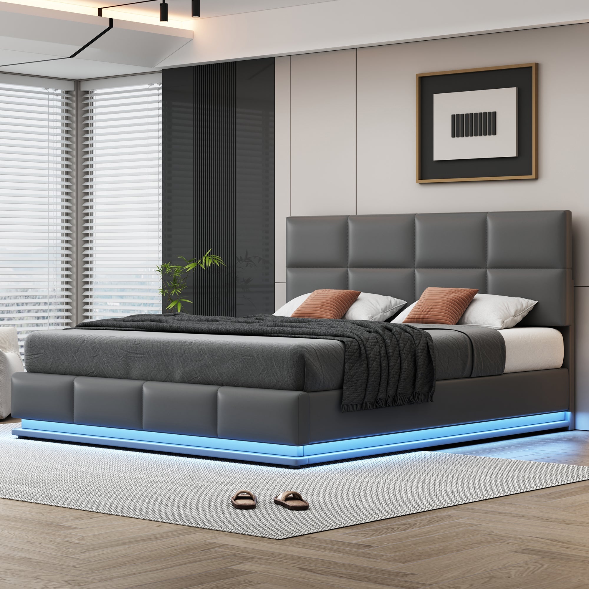Upholstered Bed, 180x200cm, LED & Hydraulic Storage, Faux Leather Gray