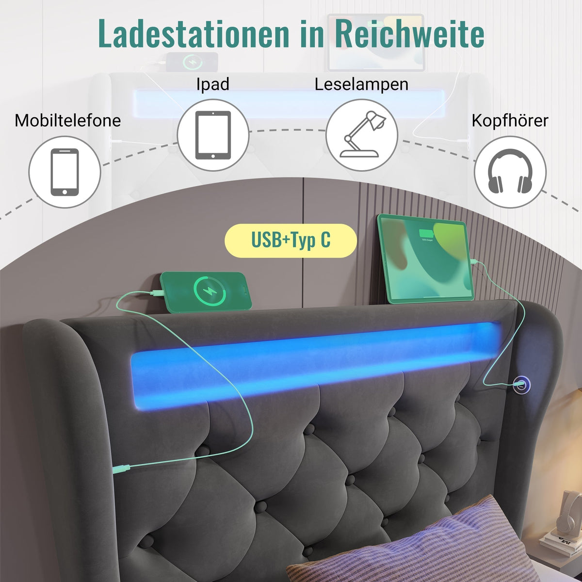 Upholstered Single Bed 90x200cm LED Headboard USB Hydraulic Storage Grey Velvet