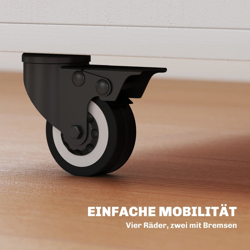 Klapptisch mit Rollschrank, zwei klappbare Seiten, 4 Rollen, Weiß + Naturholz