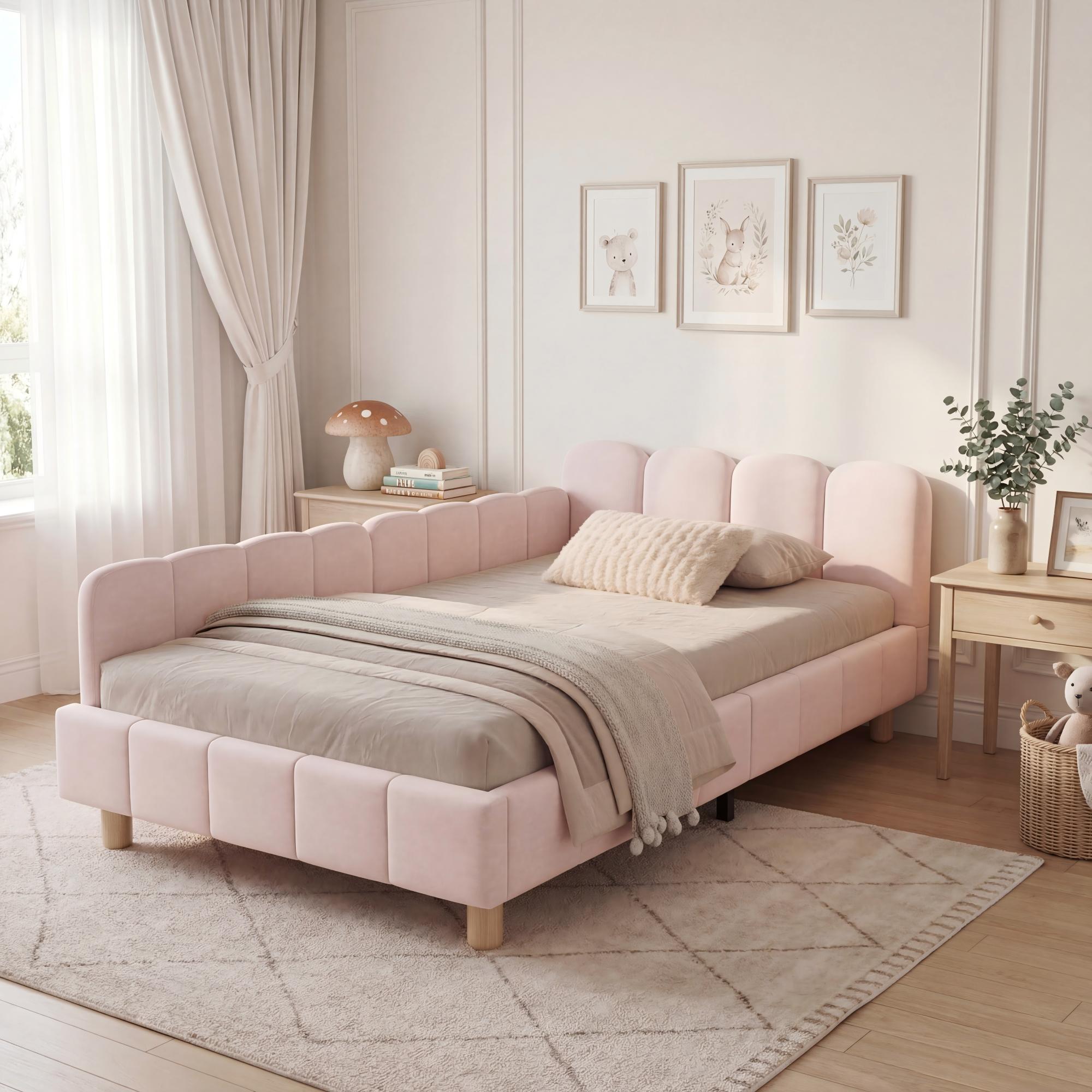 Upholstered Children's Single Bed with Headboard and Safety Rail, 90x200cm, Pink Velvet
