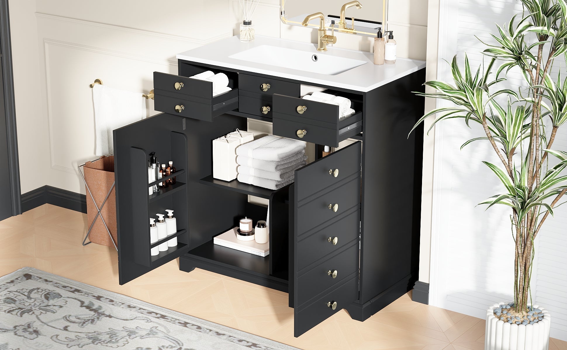 Bathroom Vanity Unit with Ceramic Sink and Storage Drawers, Black and Gold