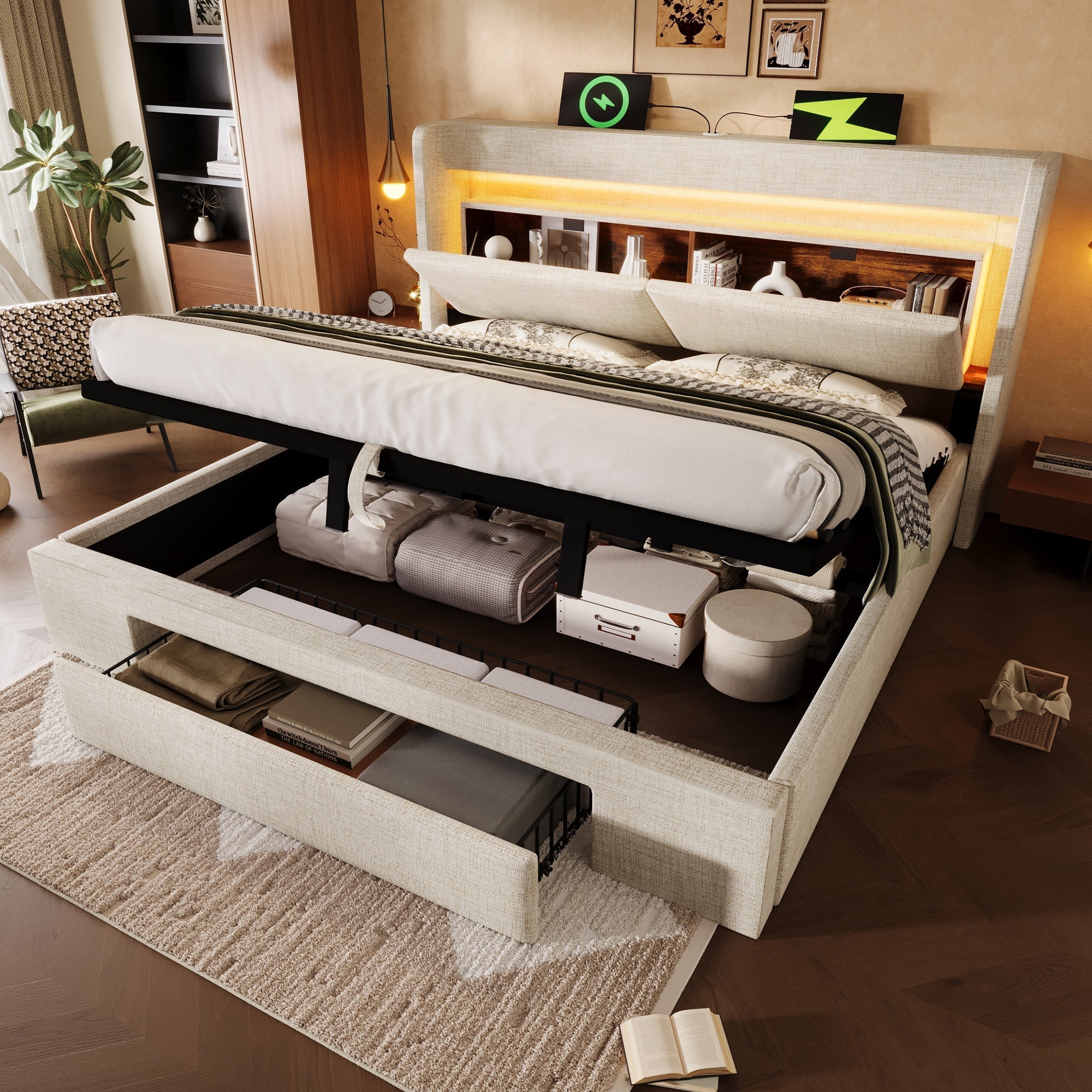 Upholstered Bed 140x200 cm Hydraulic Storage Headboard LED USB/USB-C - Beige Linen