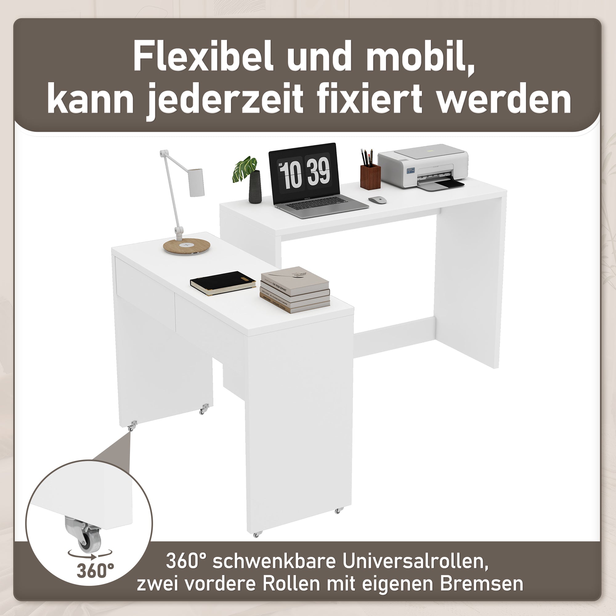 Desk + Chest of Drawers, 2-in-1 Extendable Compact Foldable, 1.8cm Thick Wood