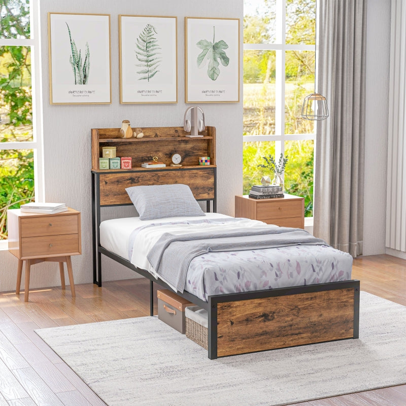 Industrial Single Bed Frame, Steel Base with Storage Headboard and Slats, Rustic Brown