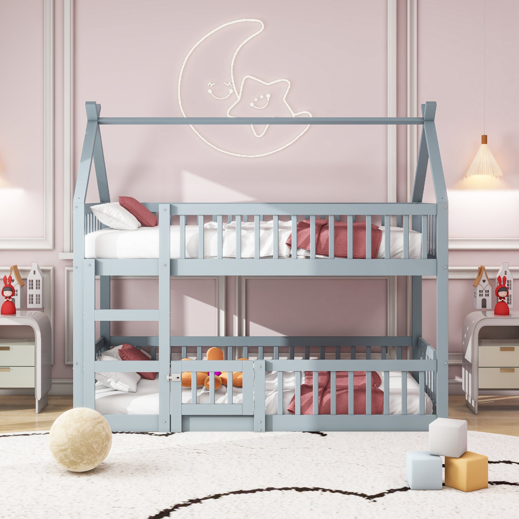 Children's Bunk Bed with Stairs, Loft Design, Solid Wood, Grey