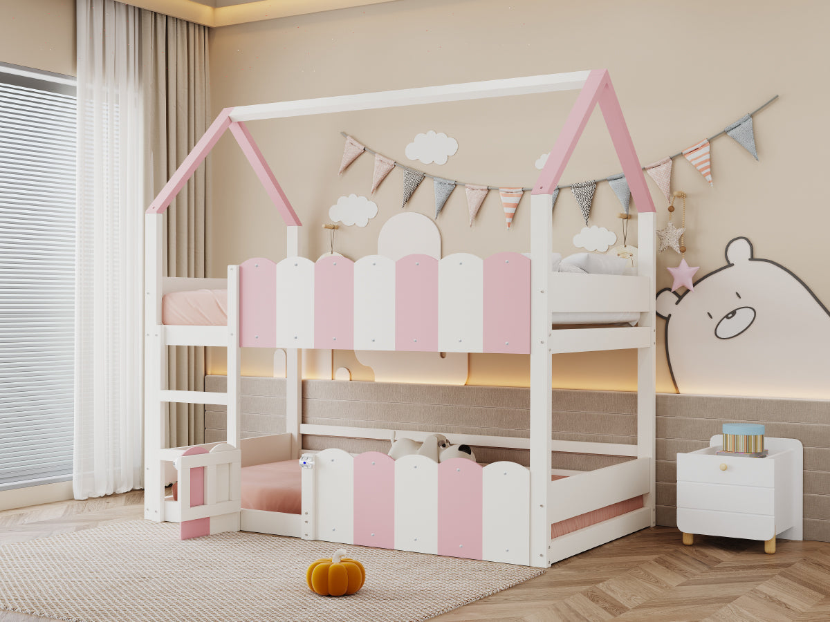 Children's Bunk Bed House-Shaped 90x200 cm Safety Rails Pink