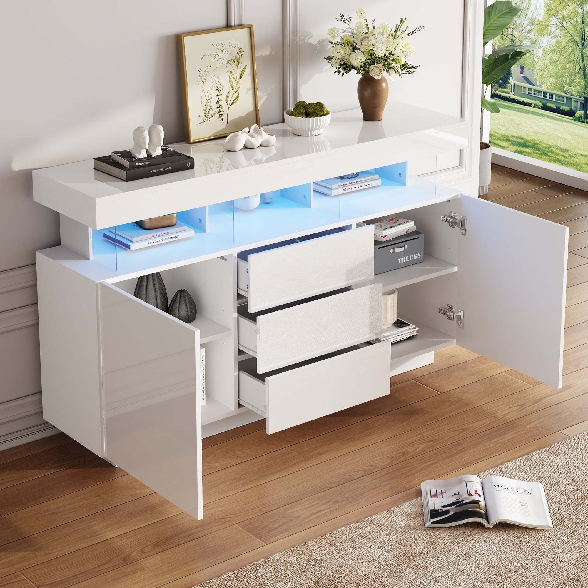 Modern Sideboard High-Gloss Coffee Bar LED Light Strip 140x35x80cm White Acrylic