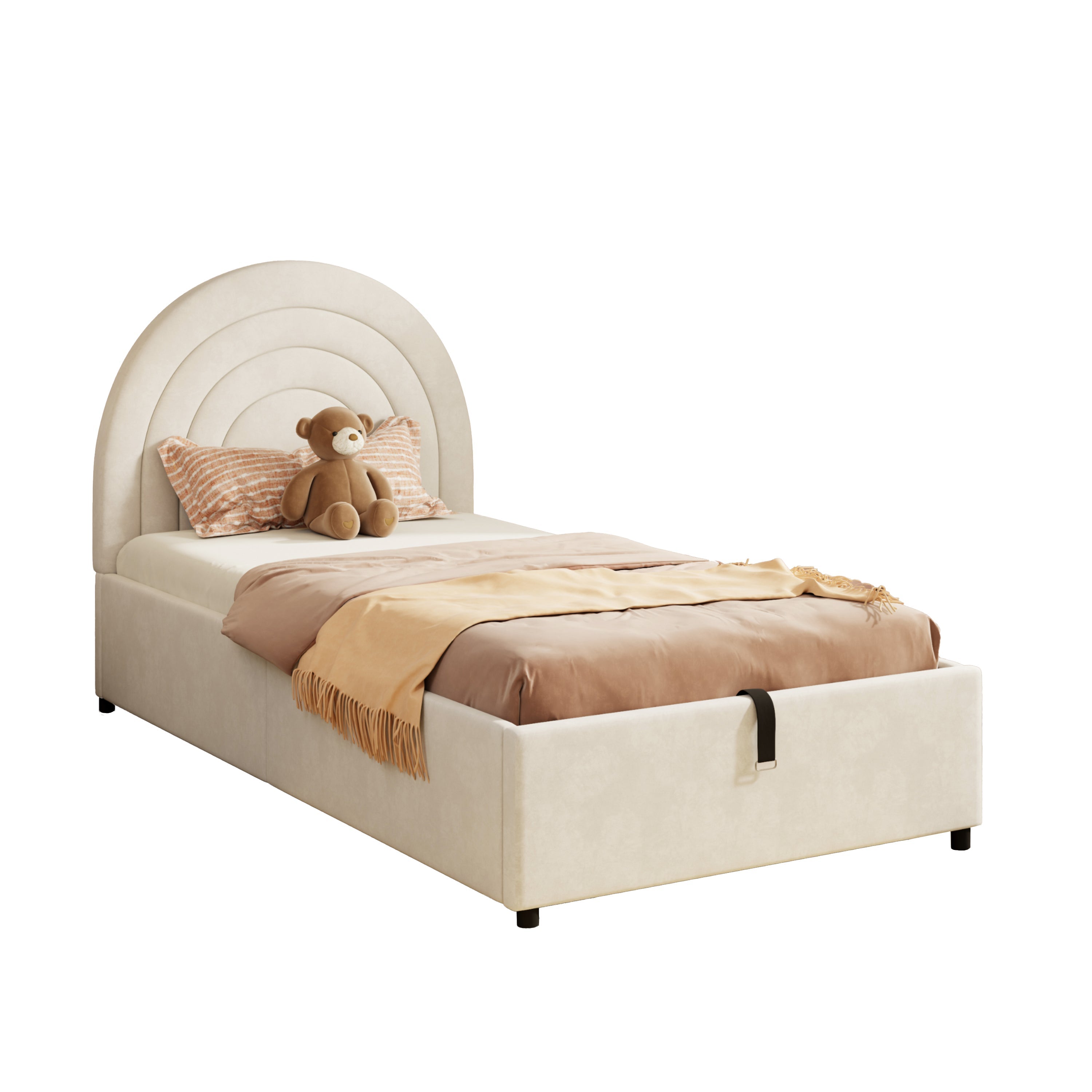 Upholstered Single Bed 90x200 with Slatted Base and Headboard, Beige Velvet
