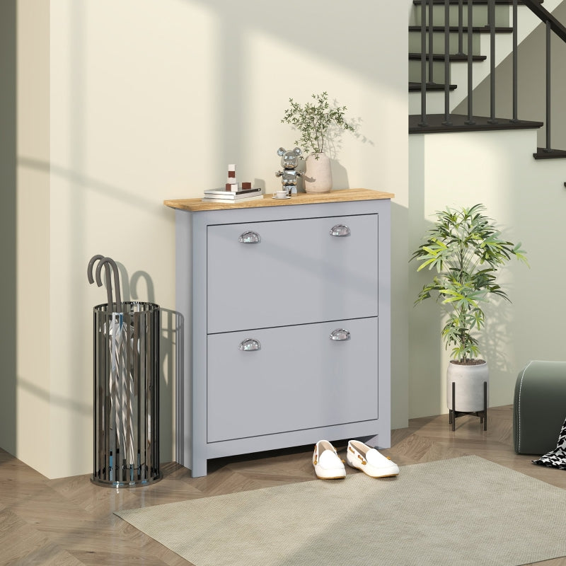 2 Drawer Shoe Cabinet Narrow Hallway Storage Organiser Wooden Grey