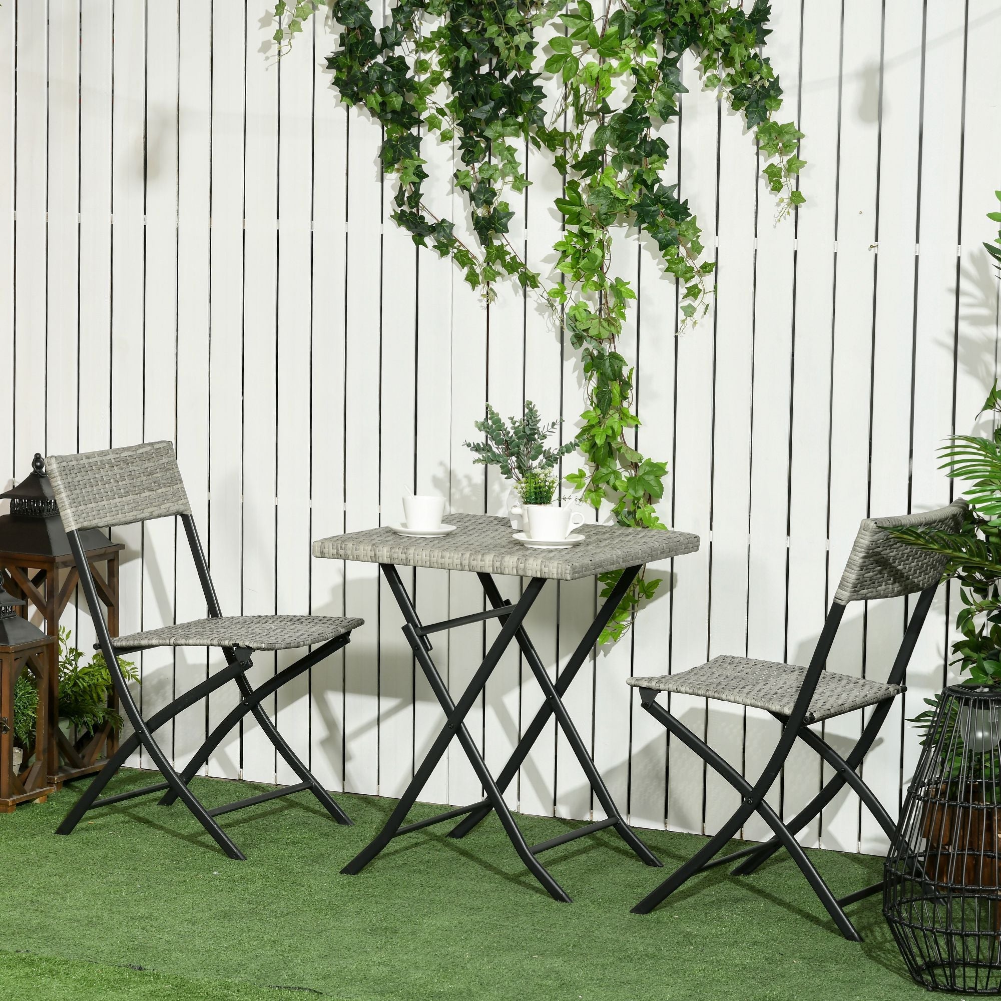 Balcony Furniture Set, 3-Piece Rattan Bistro with 2 Folding Chairs and Table, Light Grey Metal