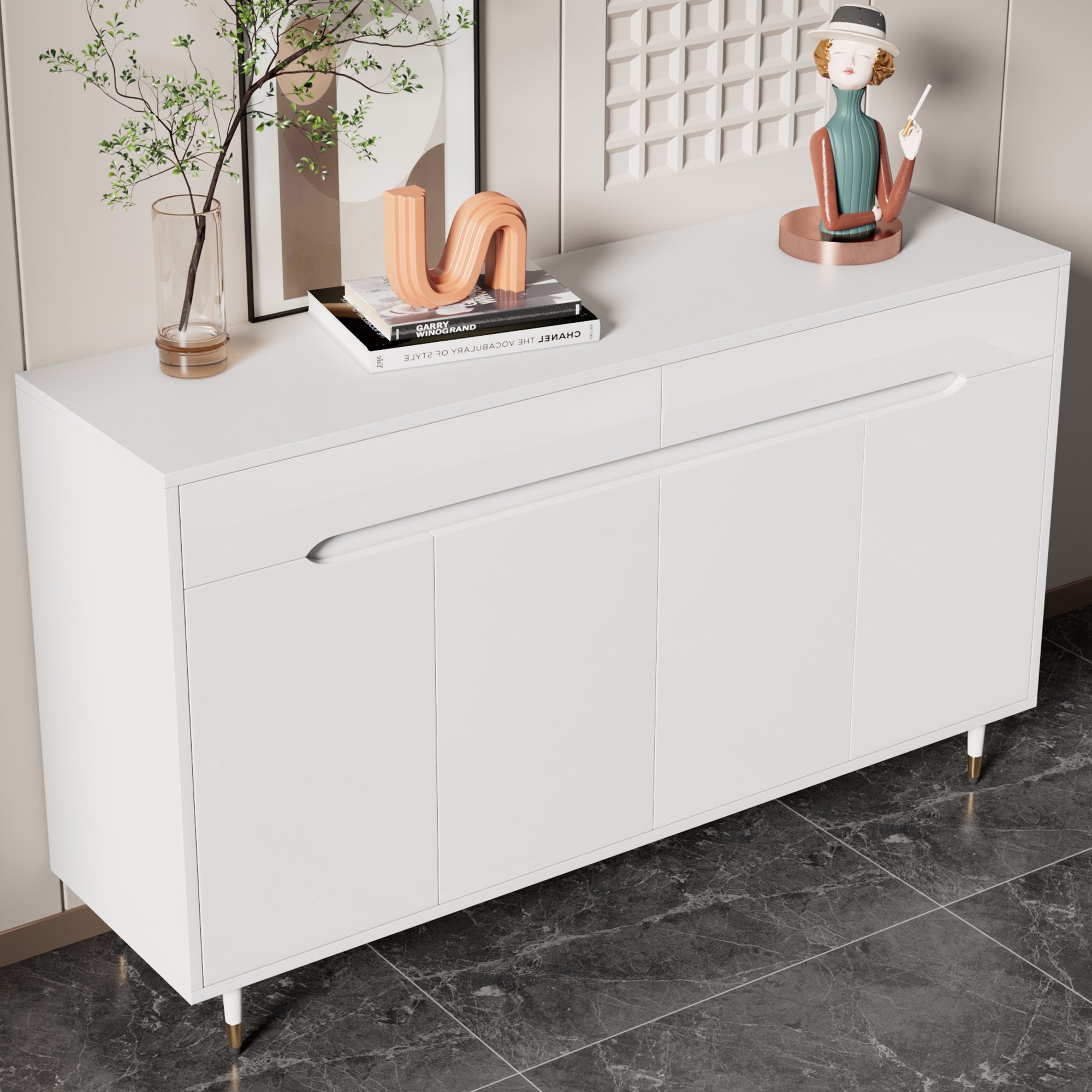 Modern Shoe Cabinet, 2 Doors 2 Drawers Adjustable Shelves, Gold Legs