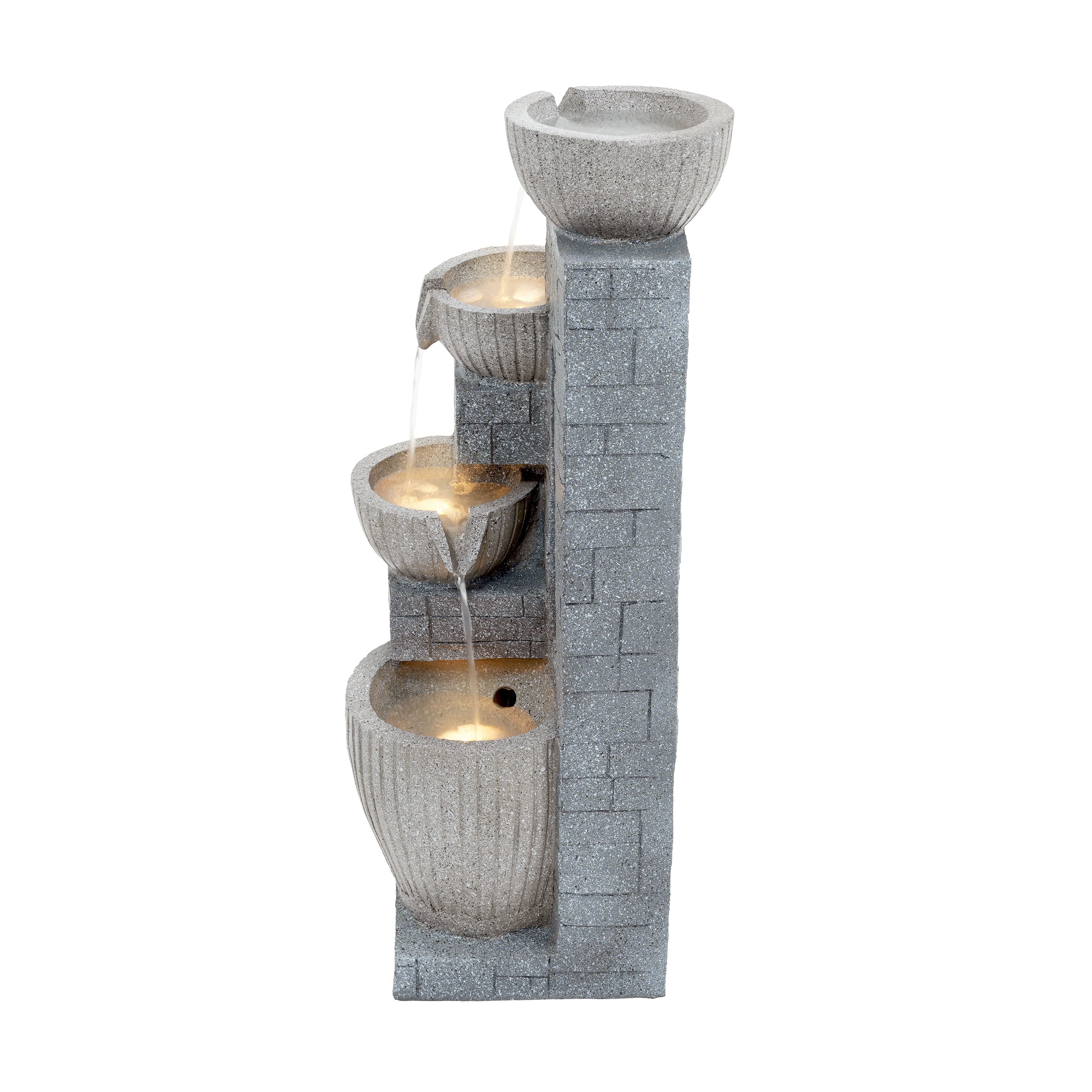 80 cm Layered Stone Basin with LED Fountain for Garden and Terrace, Stone Grey