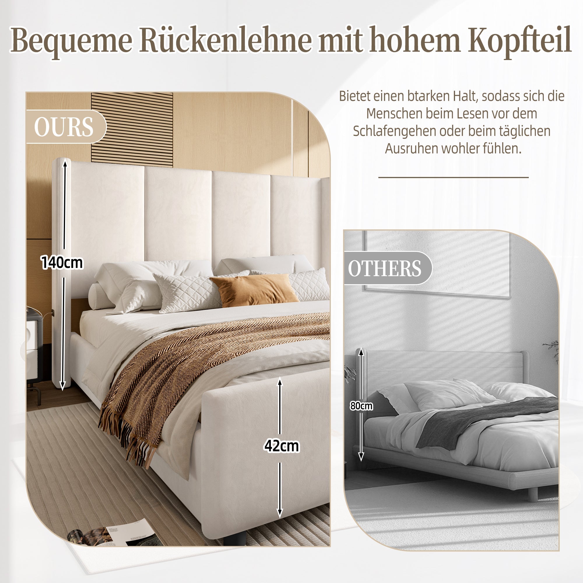 Upholstered Bed Frame, Modern High Headboard & Footboard, USB Port, Iron & Wood, Beige
