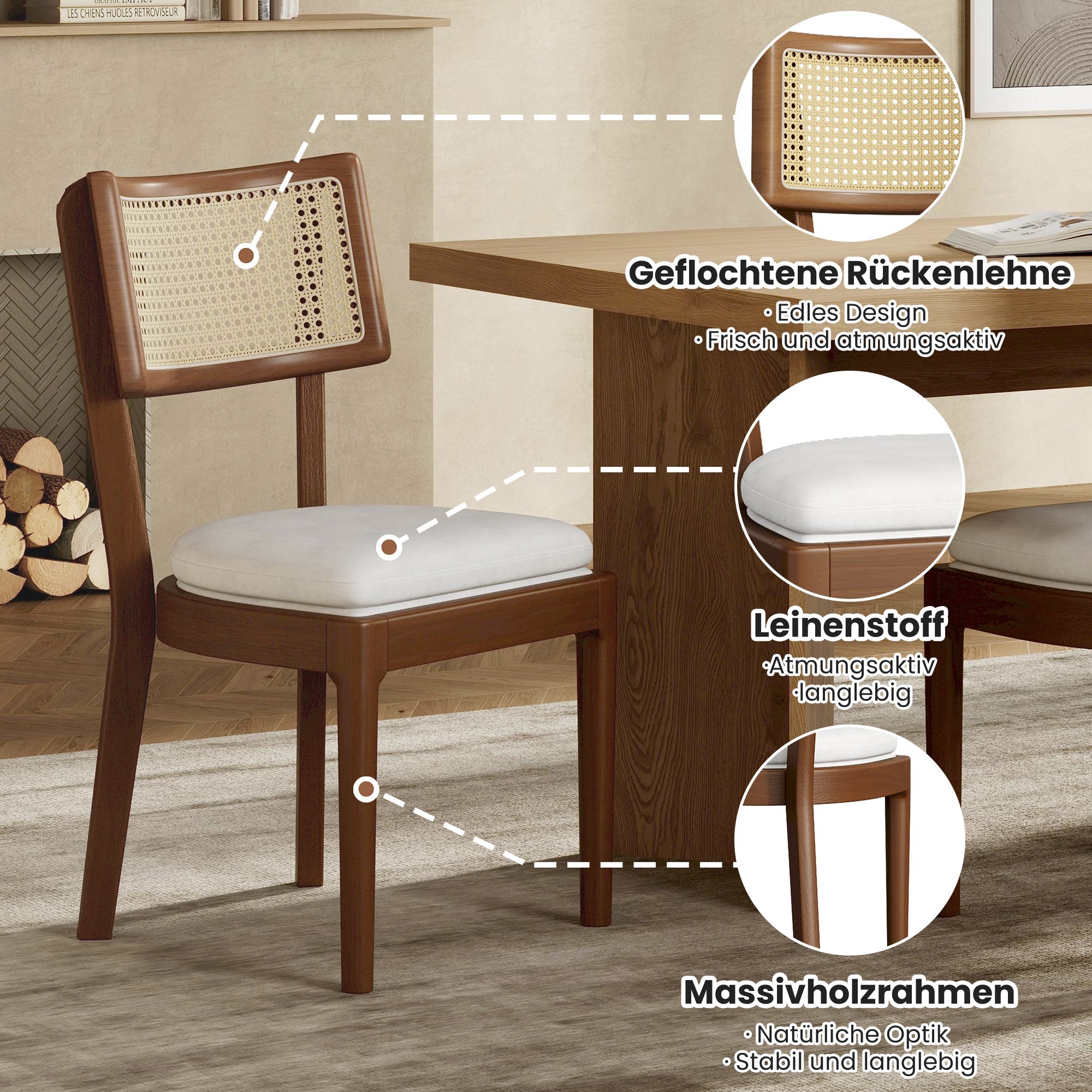 4 Solid Wood Dining Chairs Rattan Backrests Linen - Walnut
