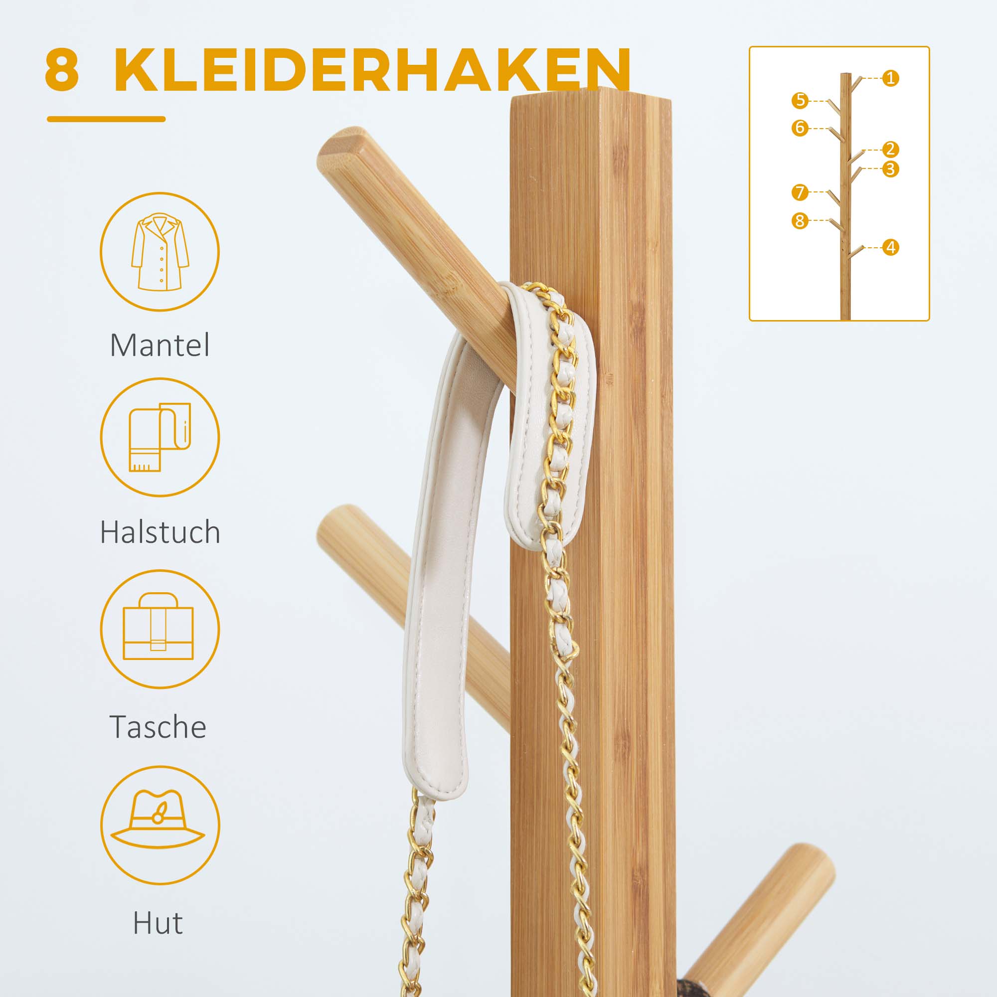 Bamboo coat rack, 8 hooks, clothes rack, stylish & functional