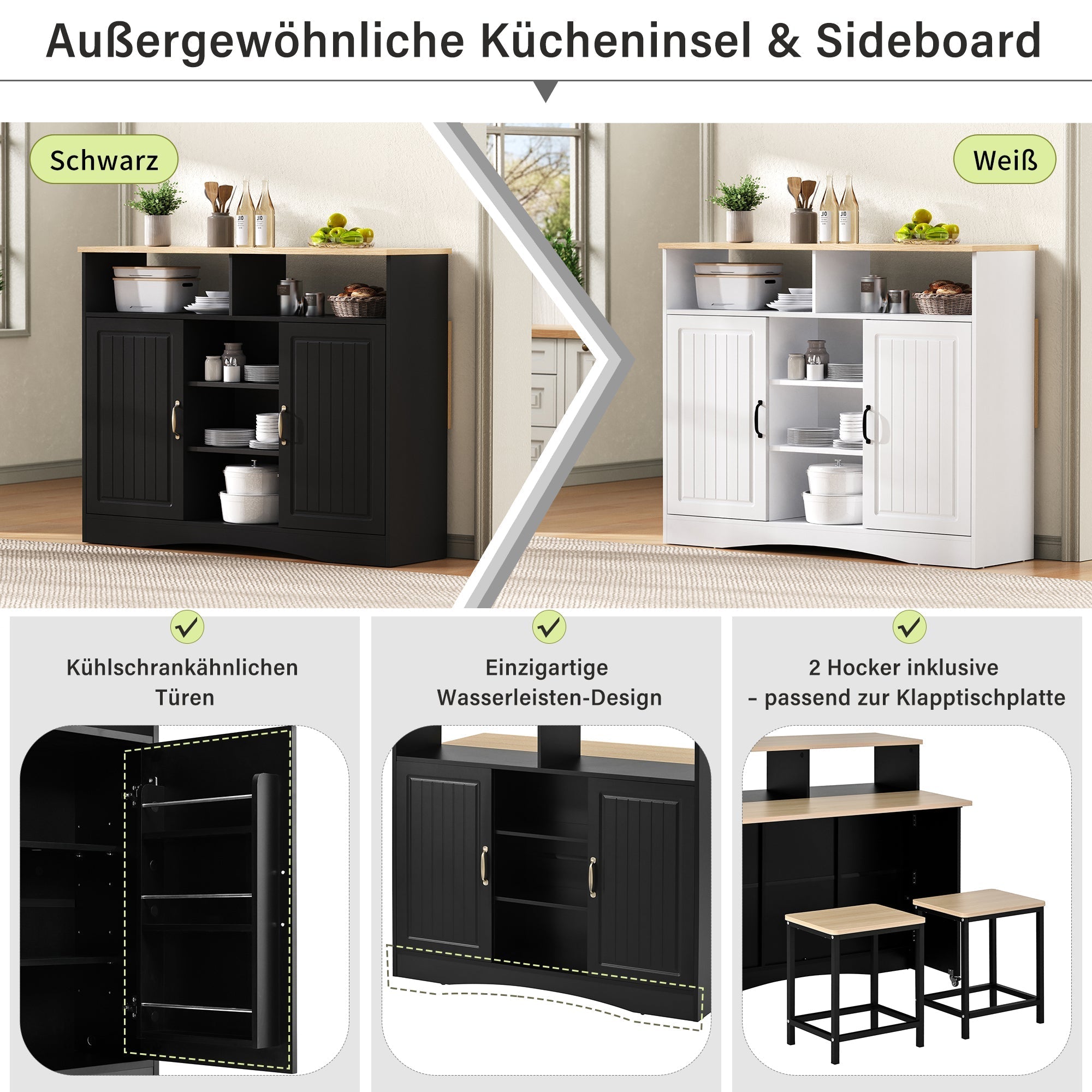 Kitchen Island Sideboard Extendable Dining Area Ample Storage Black