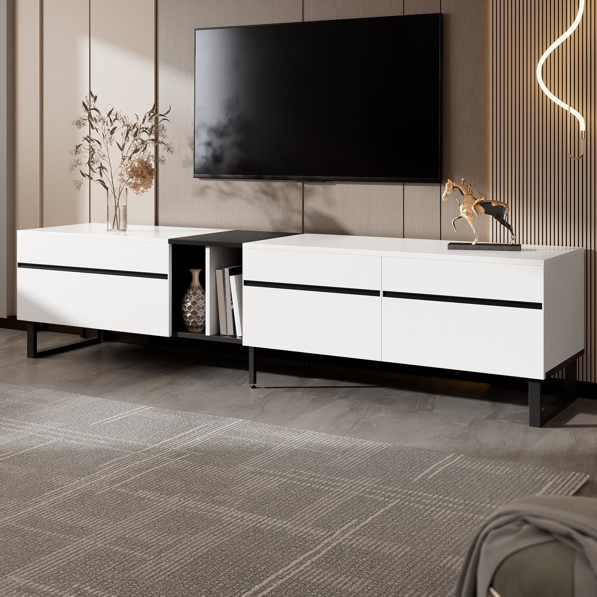 TV Stand 180cm Drop-Down Open Shelves Double Doors - White