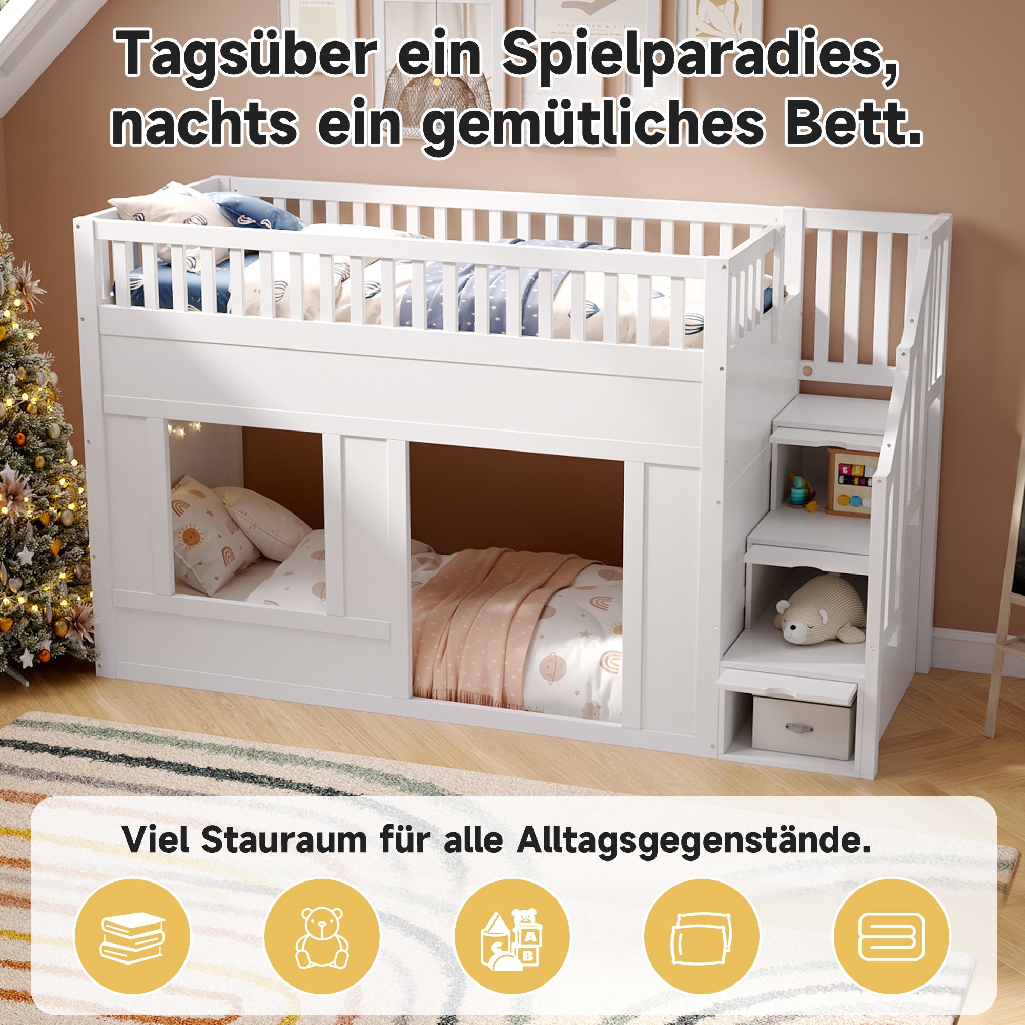 Bunk Loft Bed with Staircase Wardrobe and Convertible Play Area, 90x200cm, White