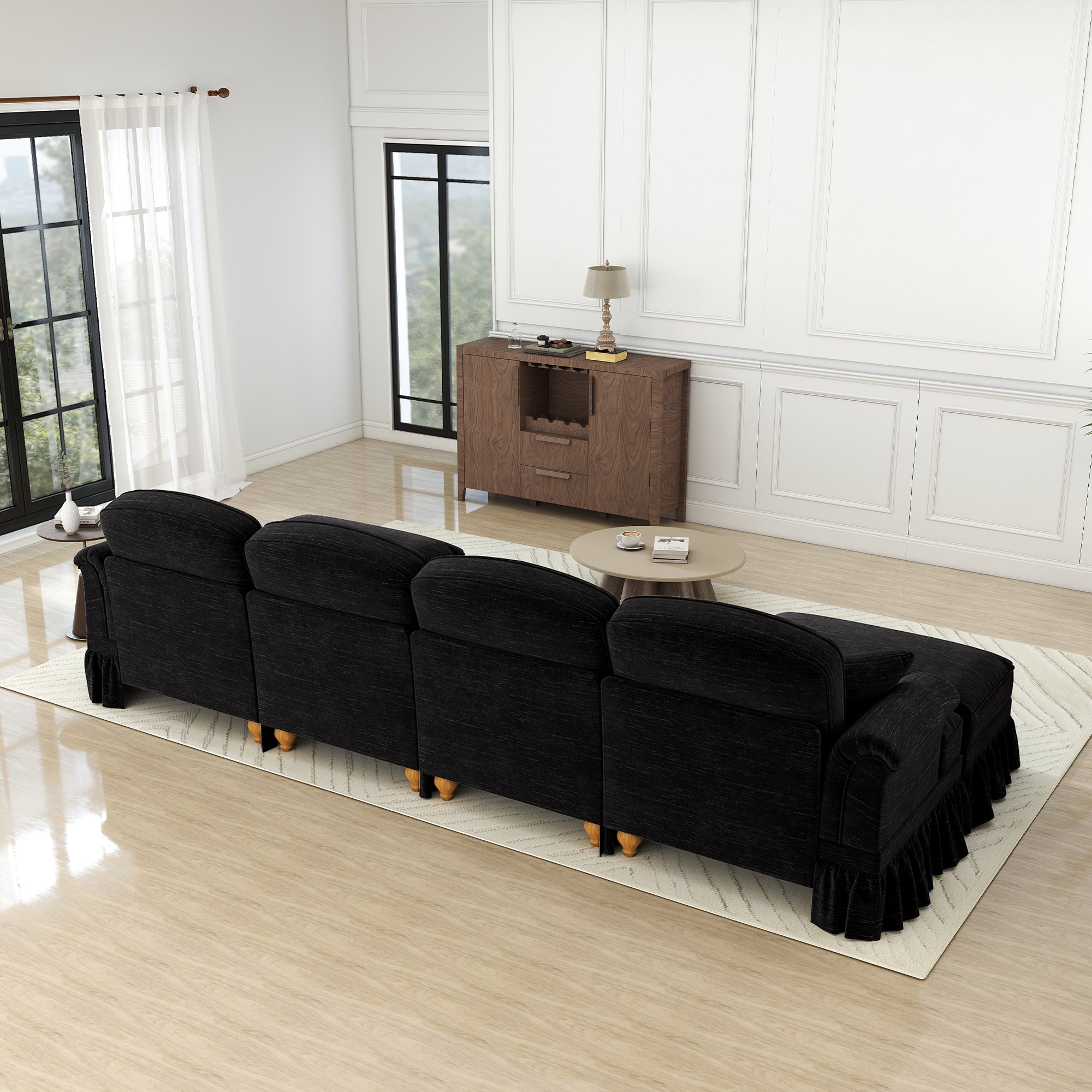 Classic U-shaped Modular Sofa 4-Seater Movable Ottoman Removable Apron - Chenille Black