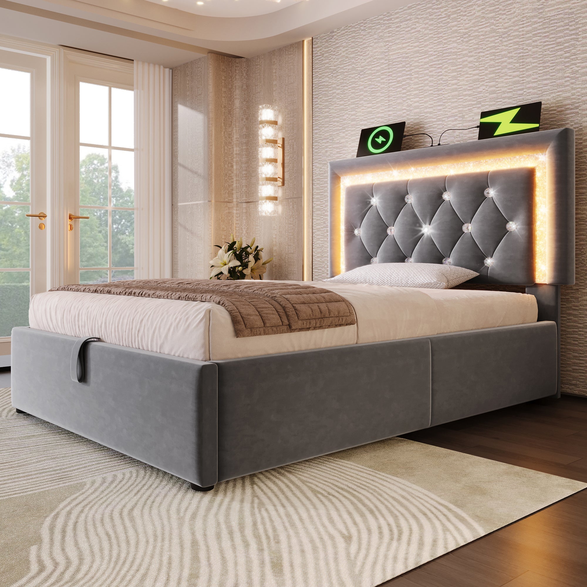 Upholstered Single Bed 90x200cm Hydraulic Storage LED USB Velvet Grey
