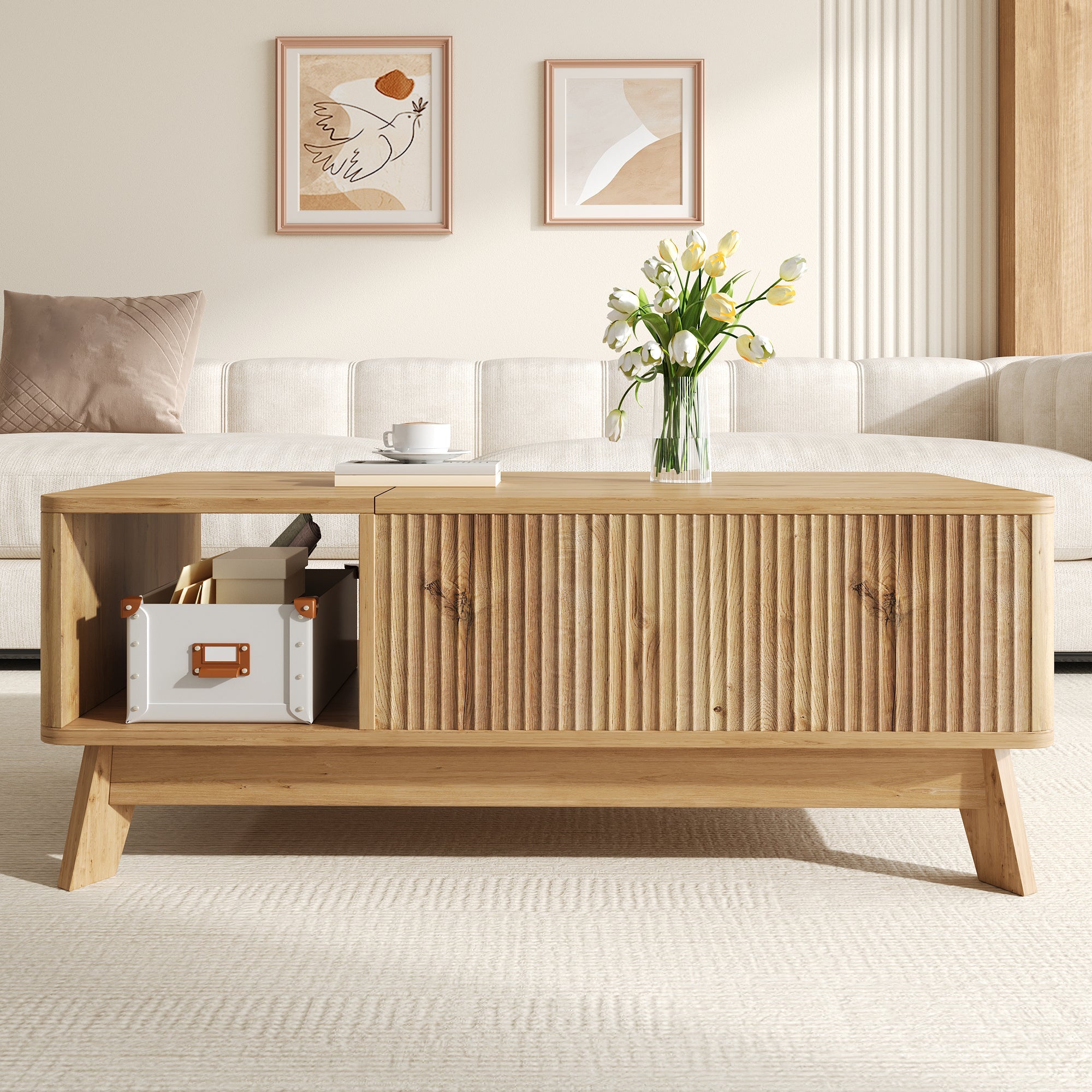 Coffee Table with Lifting Mechanism, Wave Design and Open Side Compartment, MDF Material