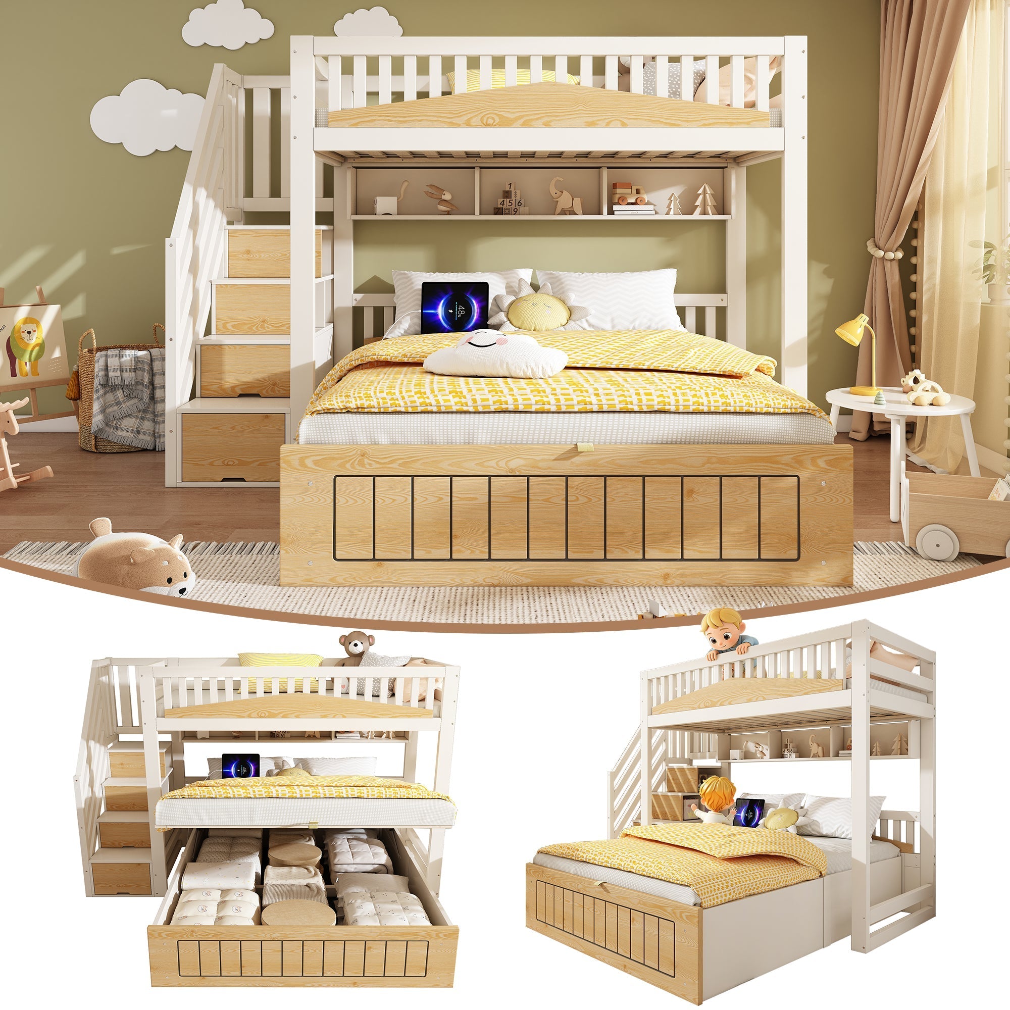 Children's Wooden Bunk Bed 90x200 & 140x200 cm with Hydraulic Storage and USB-C Port, White and Natural