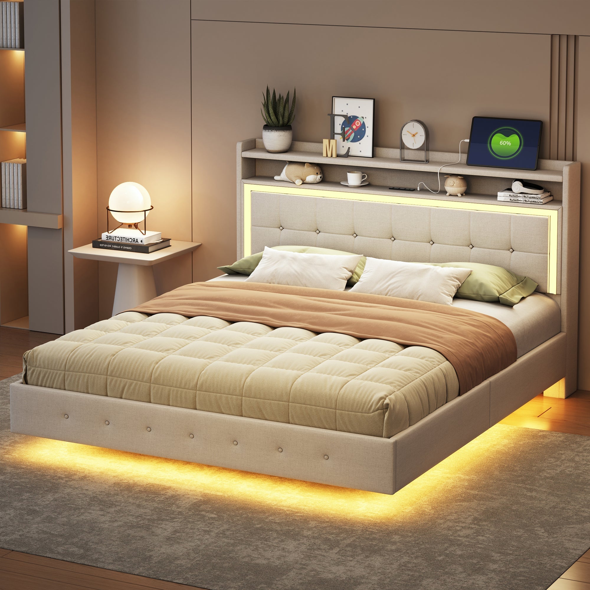Upholstered Bed 160*200, USB & LED, Double Flat, Linen Fabric Beige
