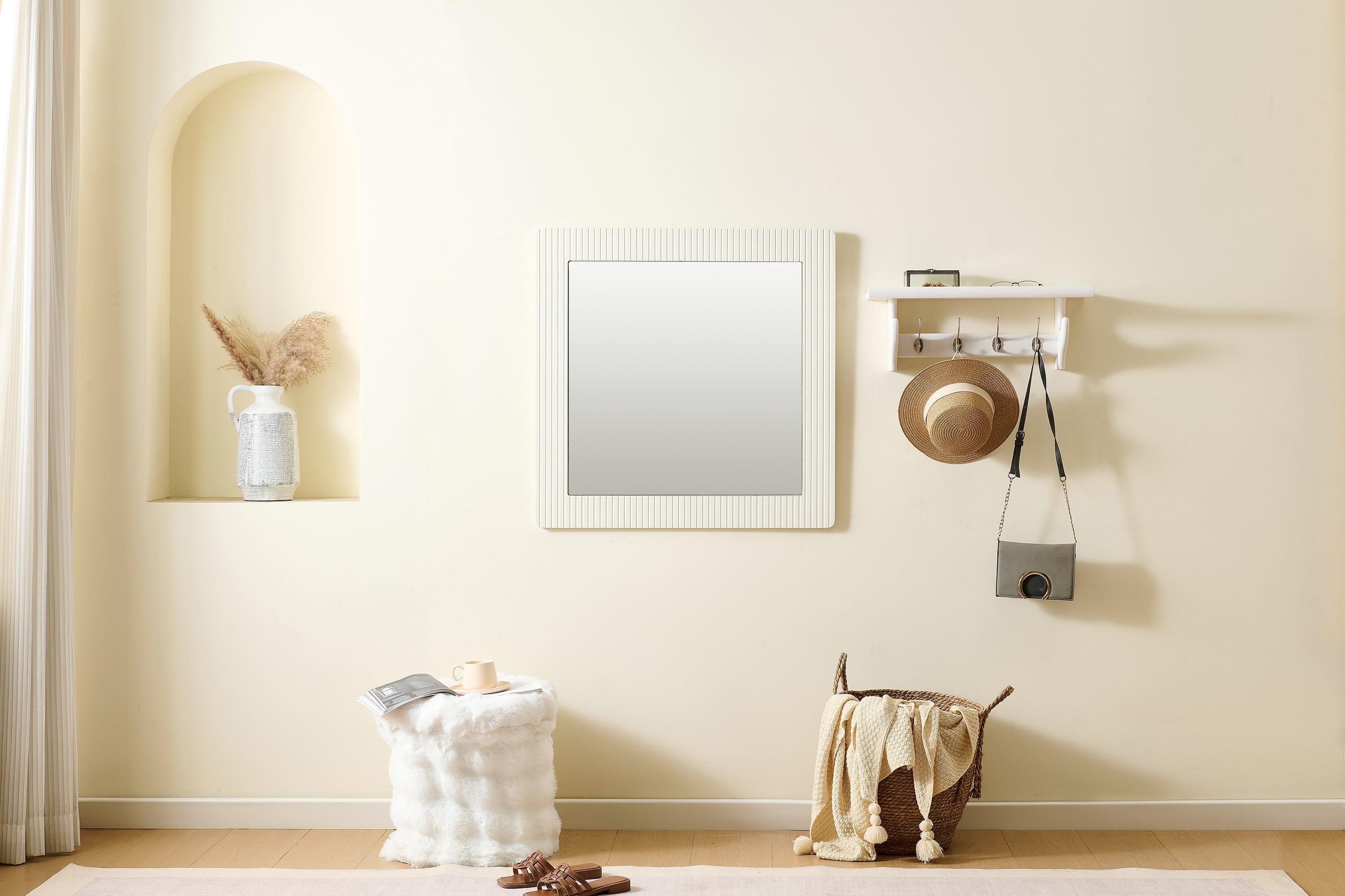 Wall Mirror Square 80x80cm Wood-Look Frame - White