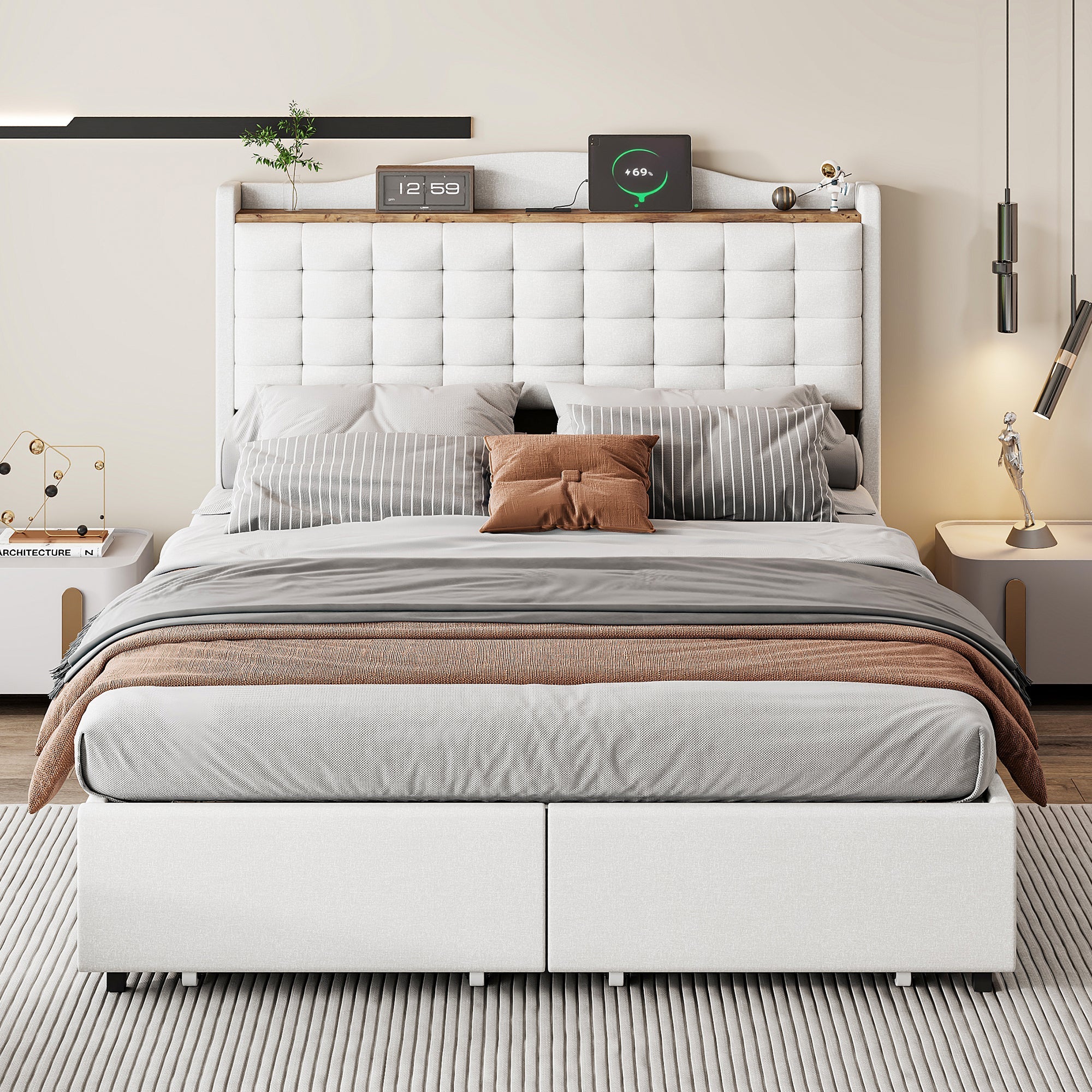 Upholstered Bed 140x200cm, USB Charging & Storage, 4-Drawer, Linen Fabric Beige